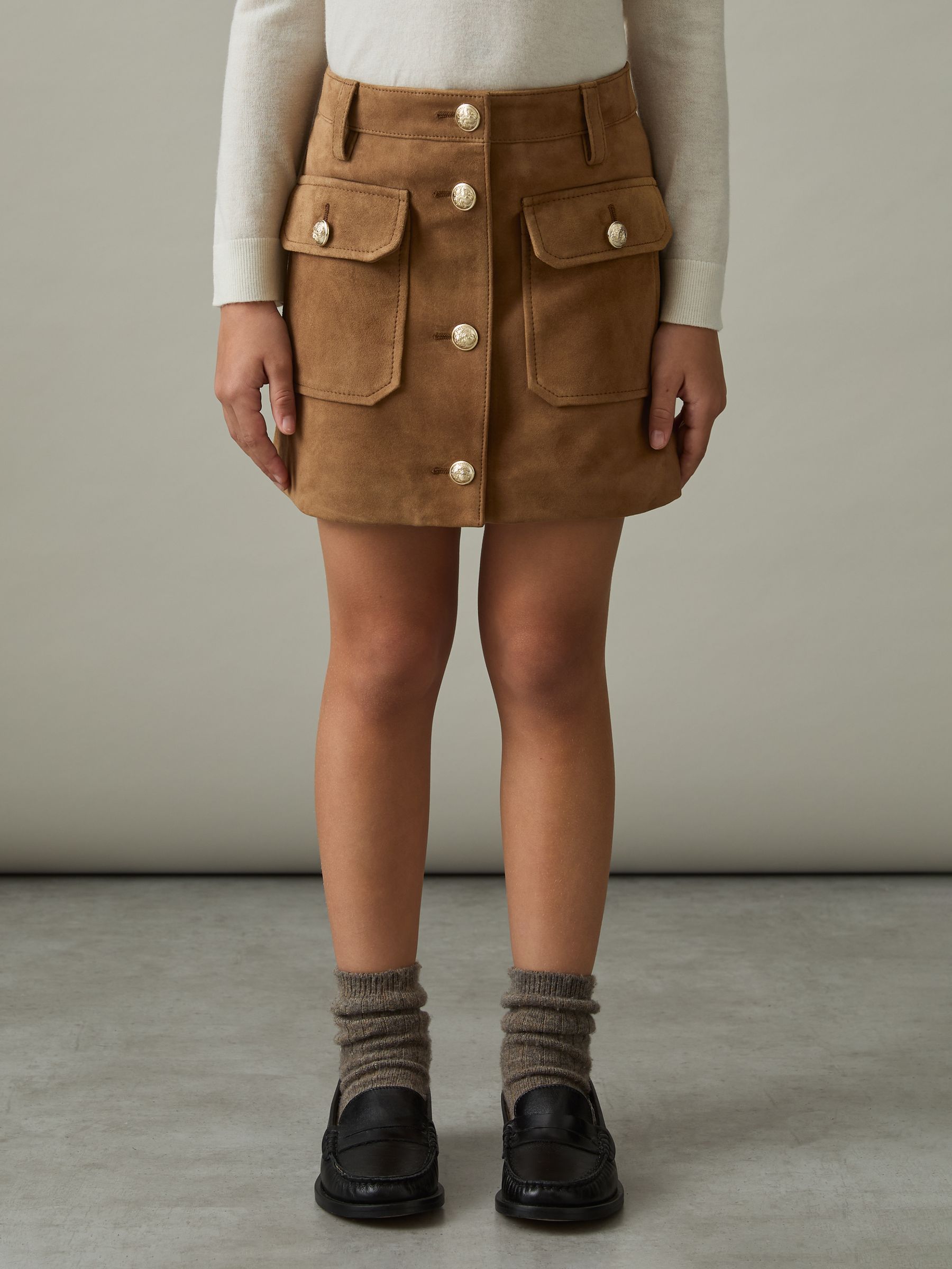9-13 yrs Suede Flap Pocket Skirt in Tan