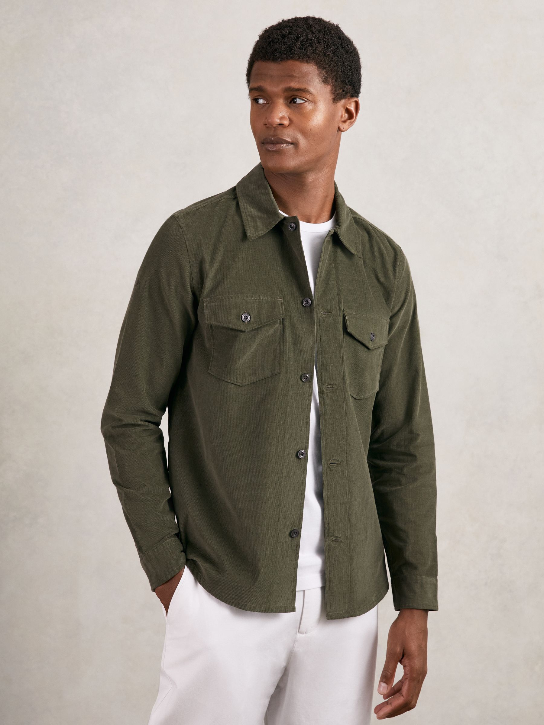 Cotton Corduroy Twin-Pocket Overshirt in Khaki Green