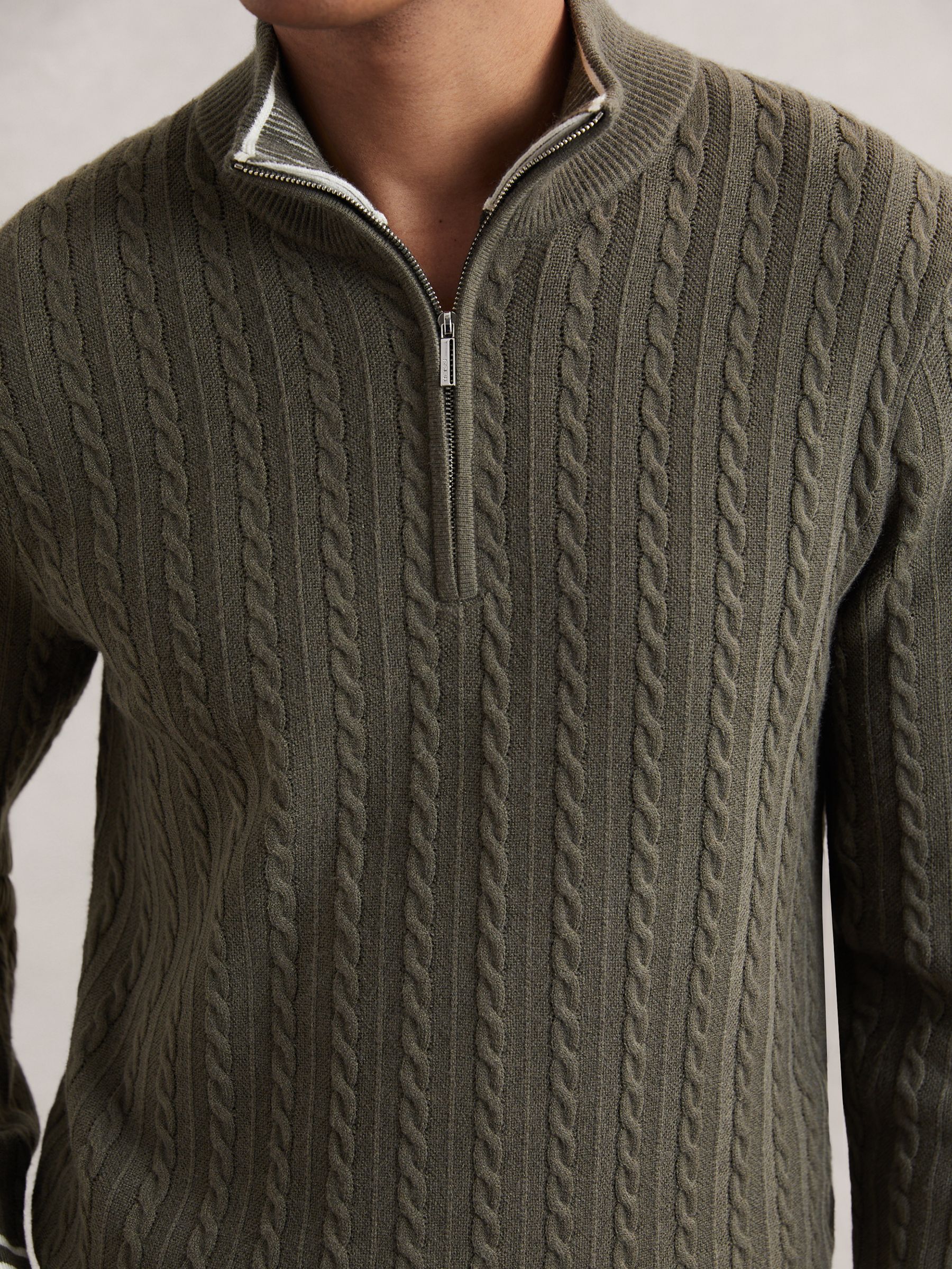 Half-Zip Cable Knit Jumper With Wool in Khaki Green
