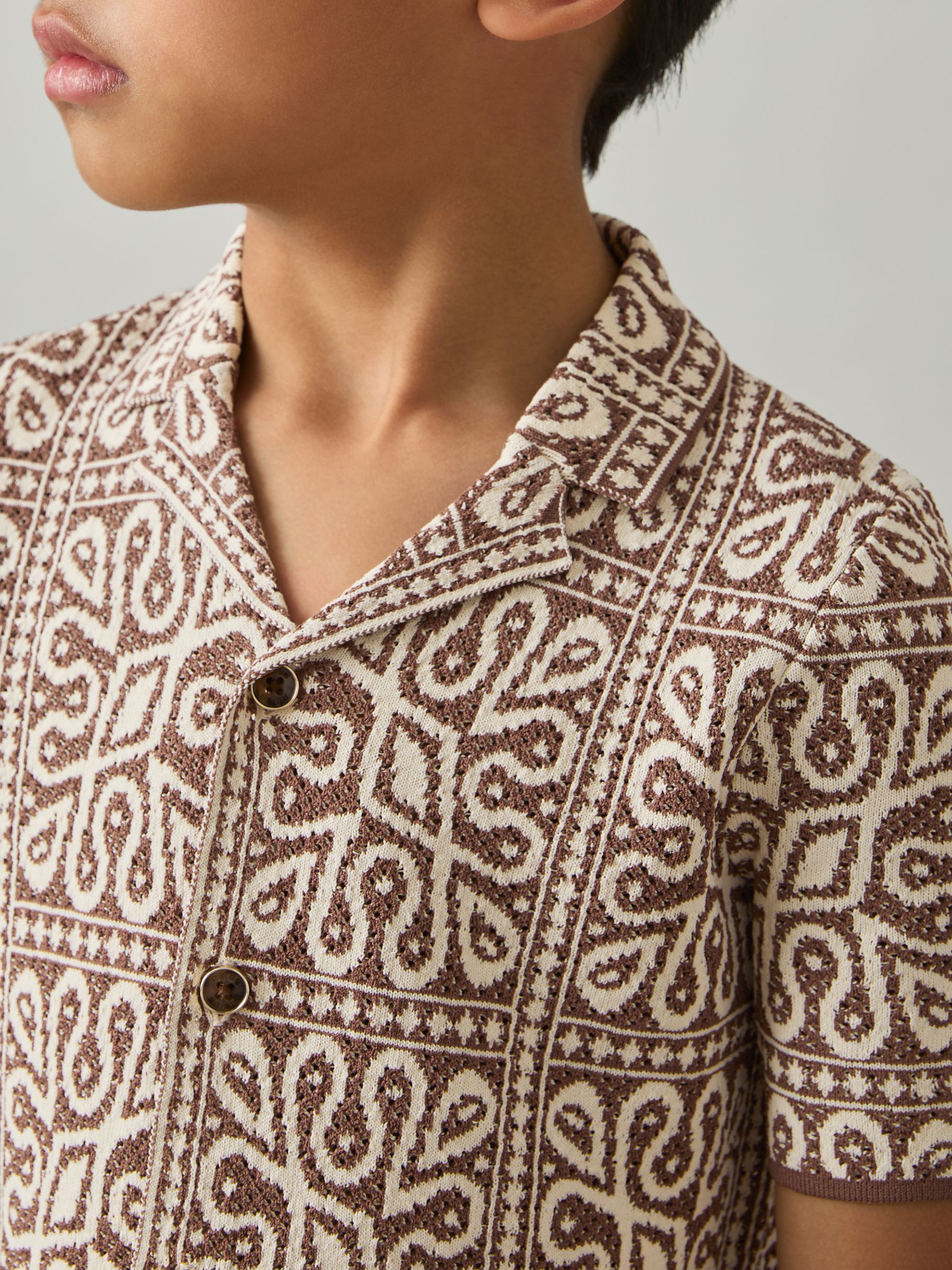 3-9 yrs Tile Pattern Knit Shirt in Brown/Off White