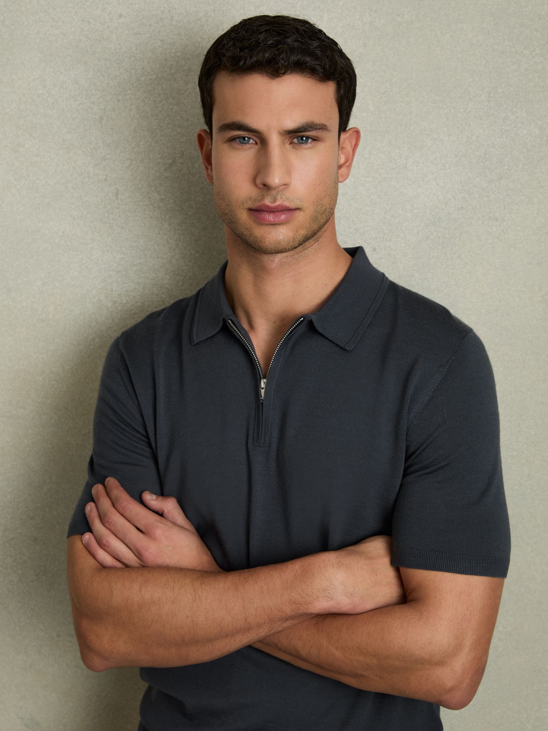 Merino Wool Half-Zip Polo Shirt in Blackened Blue