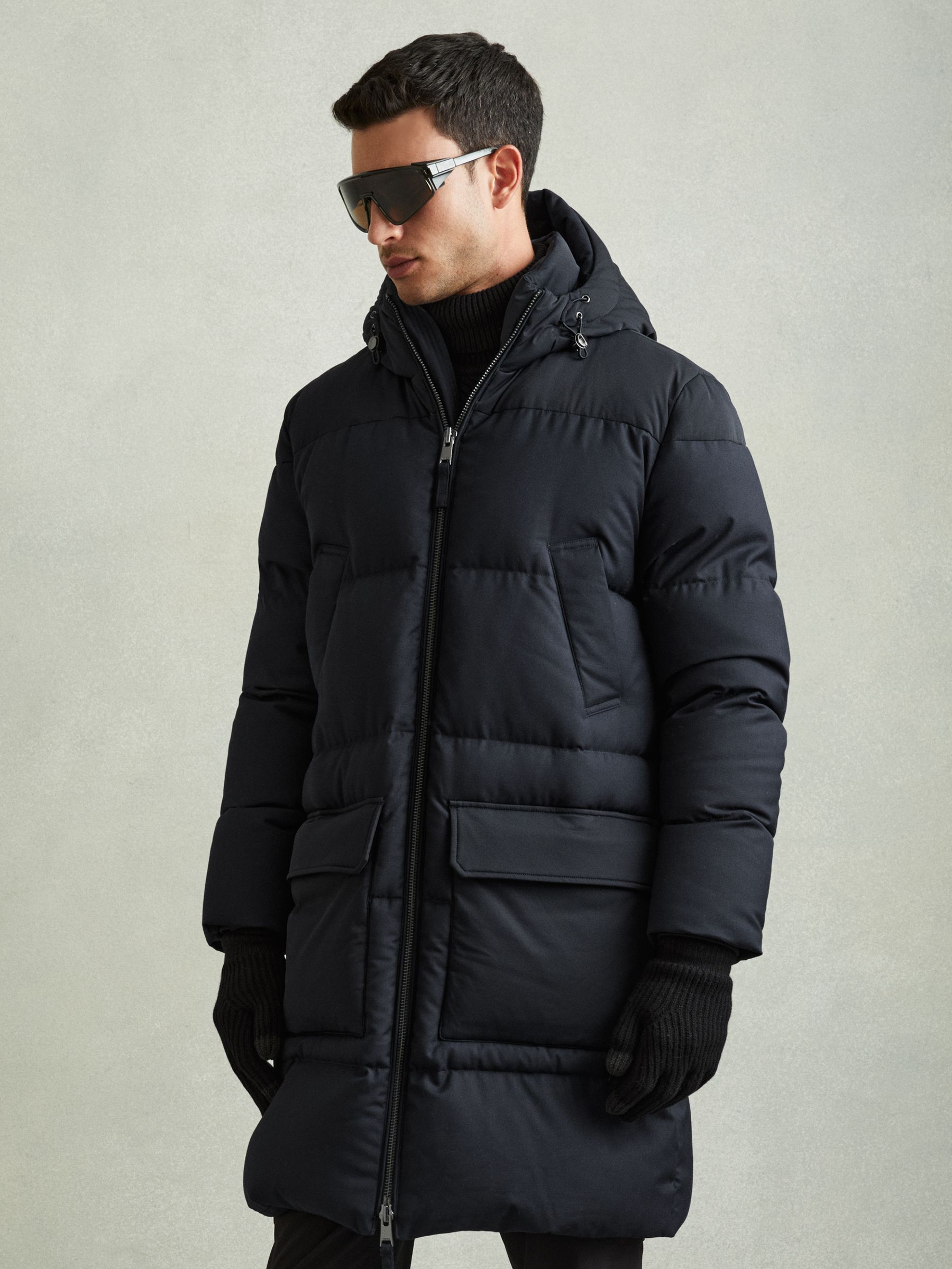 Quilted Longline Puffer Coat in Navy