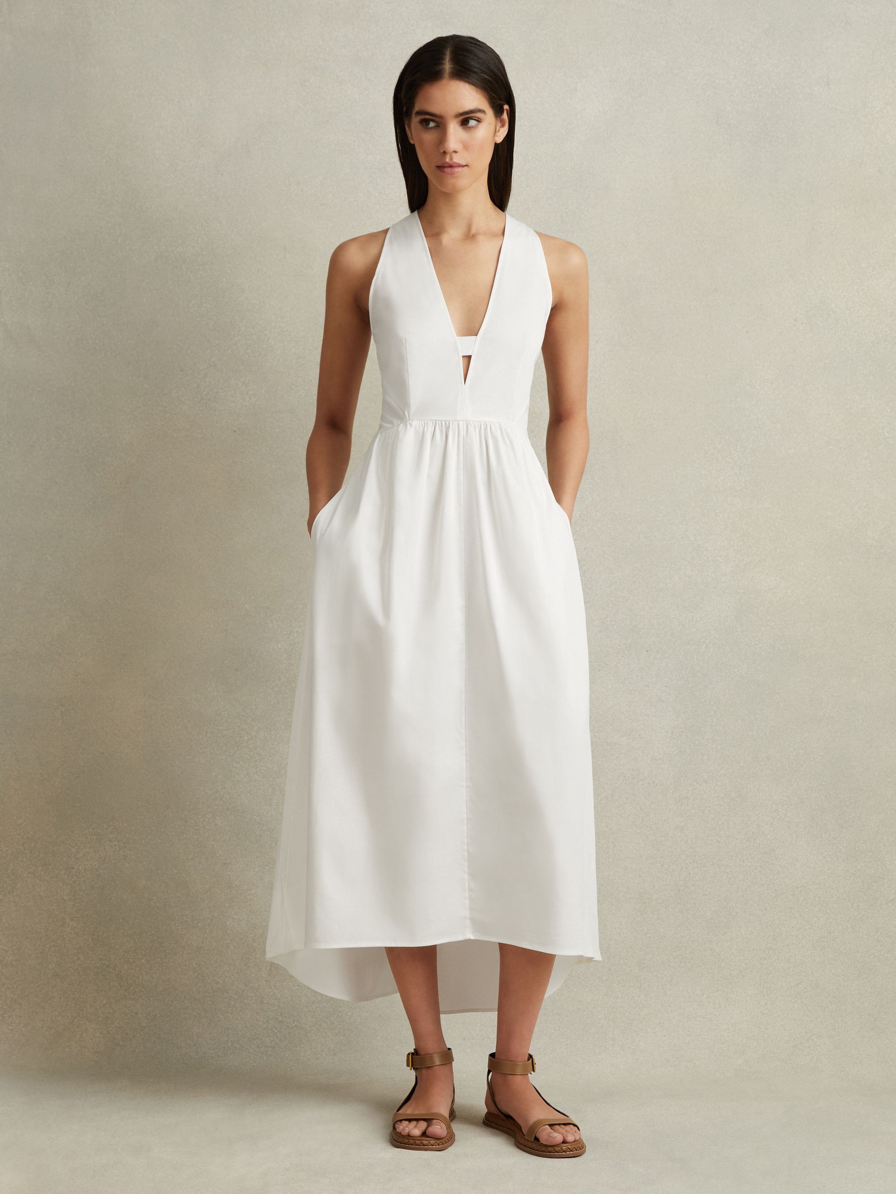 Cotton Blend High-Low Midi Dress in White
