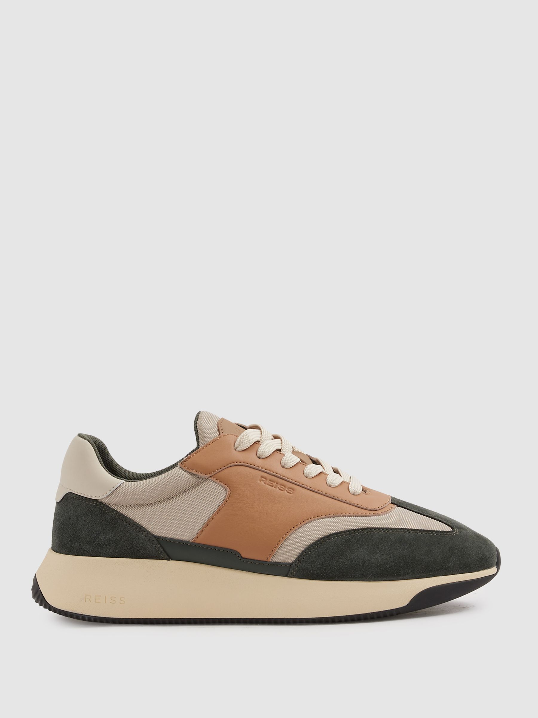 Leather Suede Running Trainers in Green/Camel