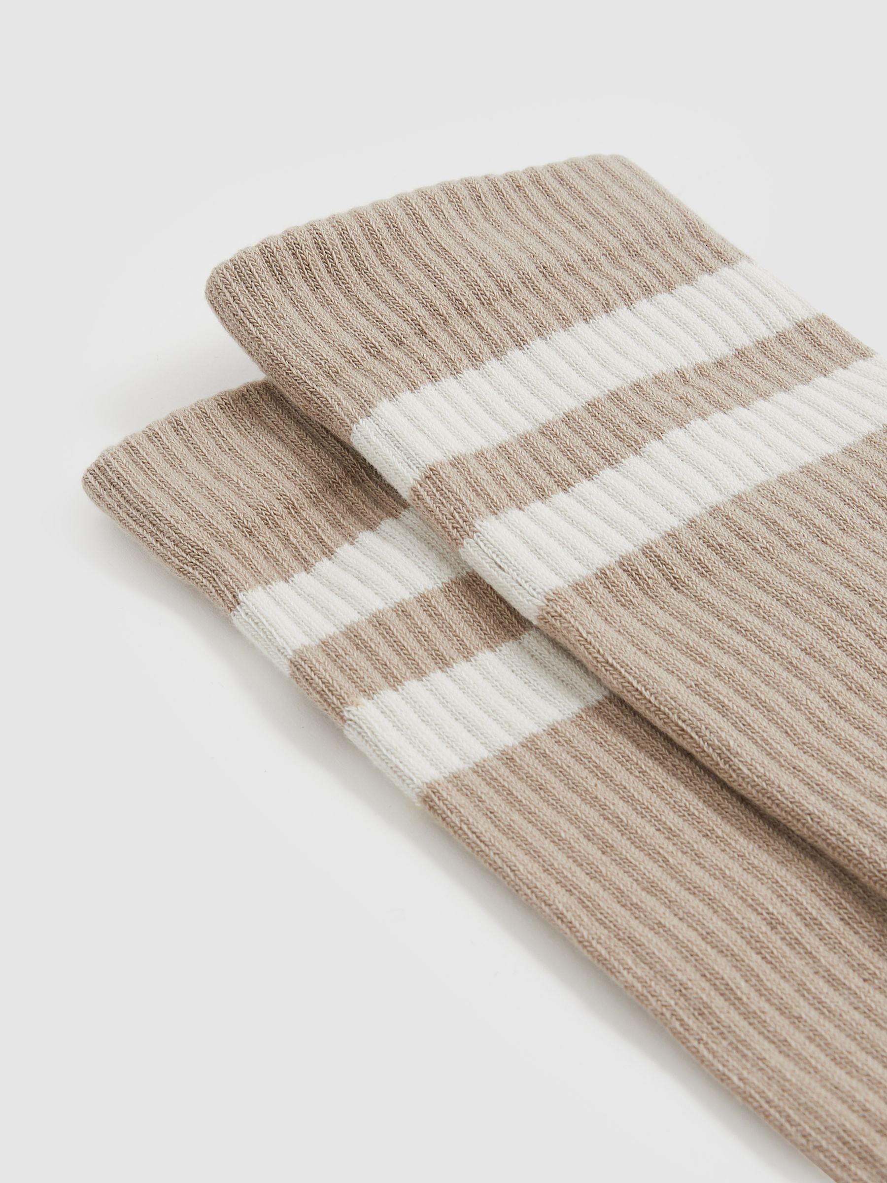 Cotton-Blend Double-Stripe Socks in Taupe/Ecru