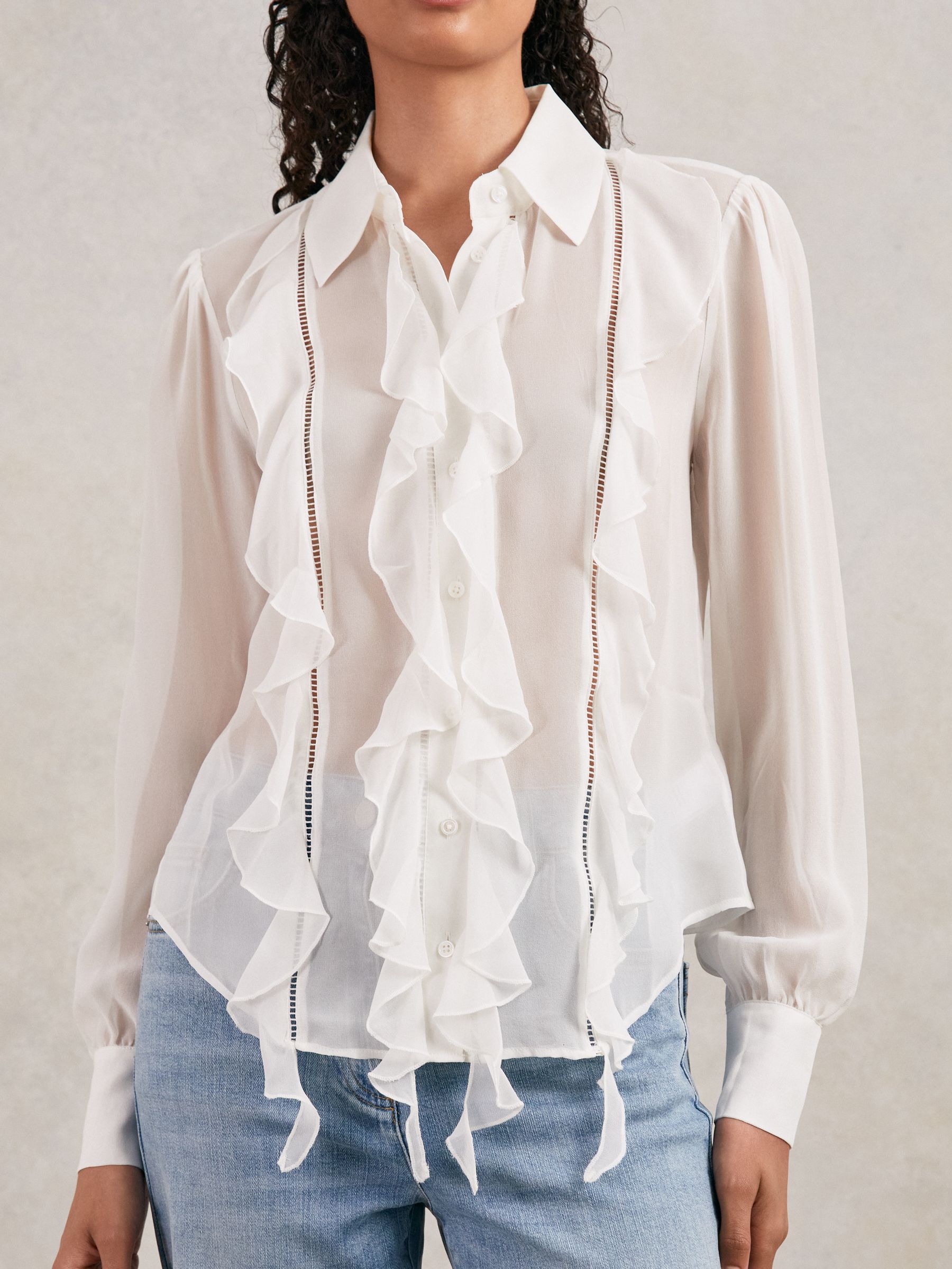 Paige Silk Georgette Ruffle Trim Shirt in White