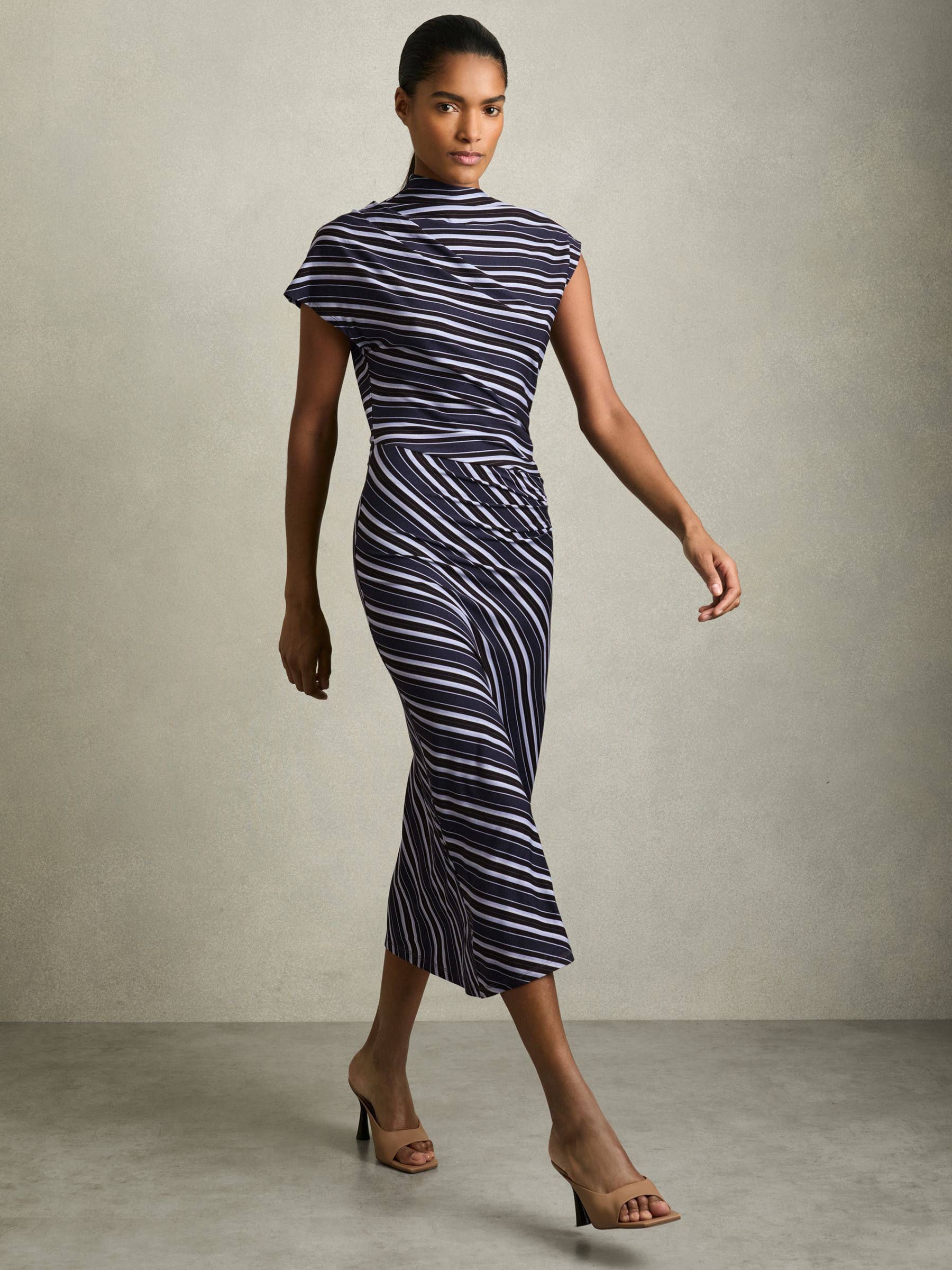 Stripe-Print Draped Midi Dress in Blue