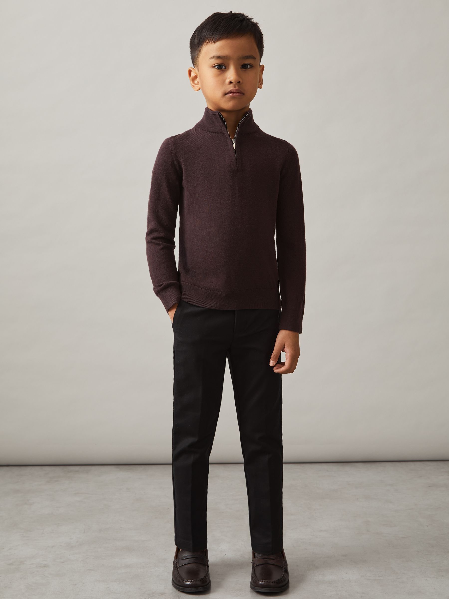 9-13 yrs Merino Wool Half-Zip Funnel Neck Jumper in Dark Bordeaux