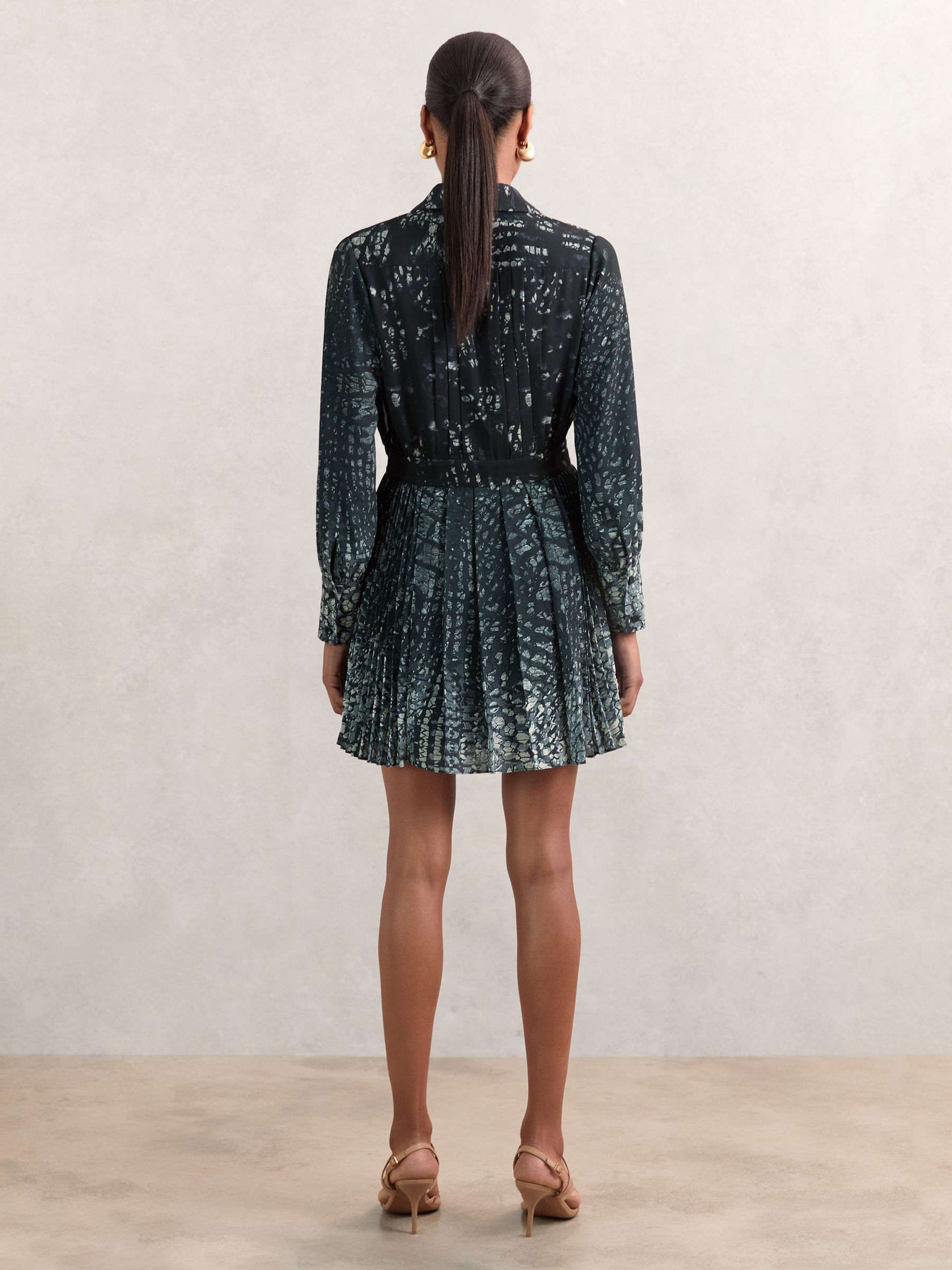 Printed Pleated Shirt Dress in Navy