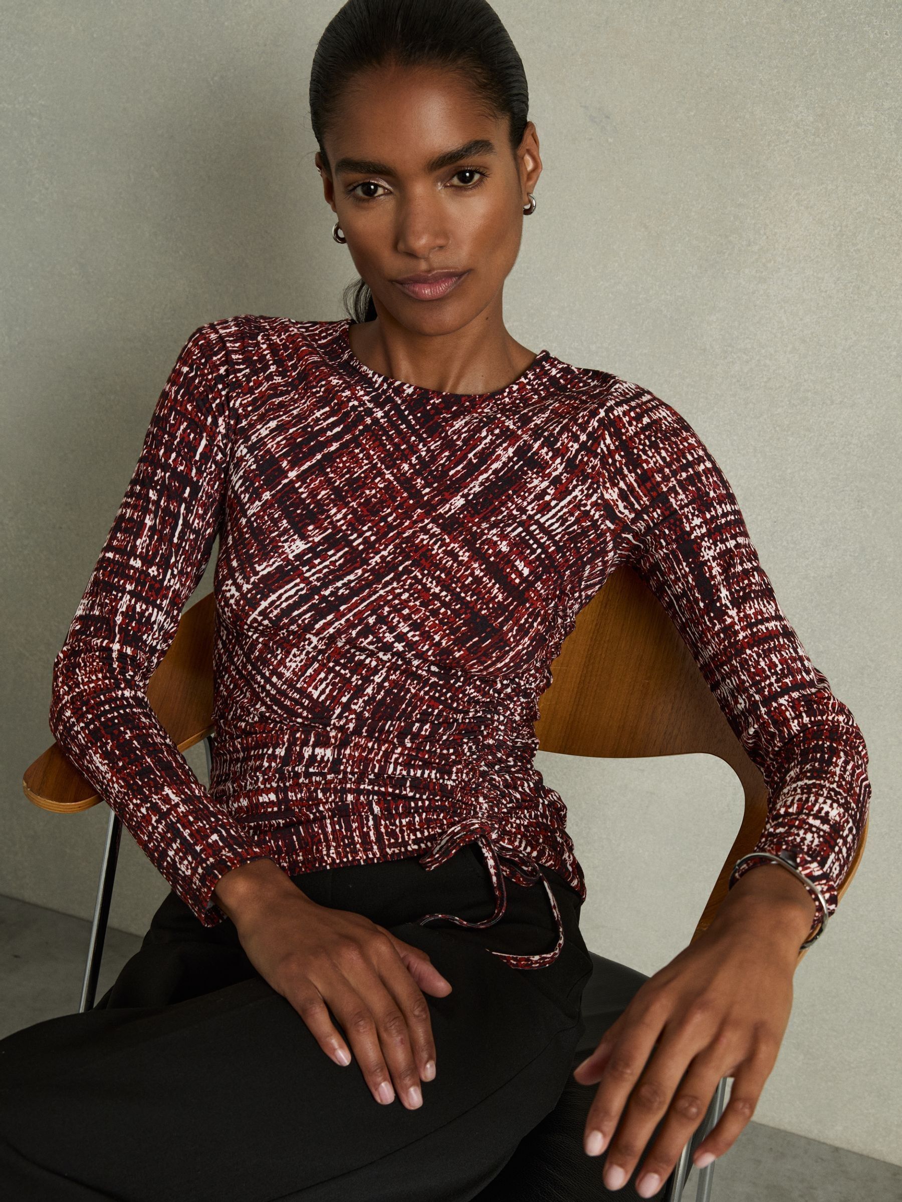 Abstract-Print Ruched-Jersey Top in Red