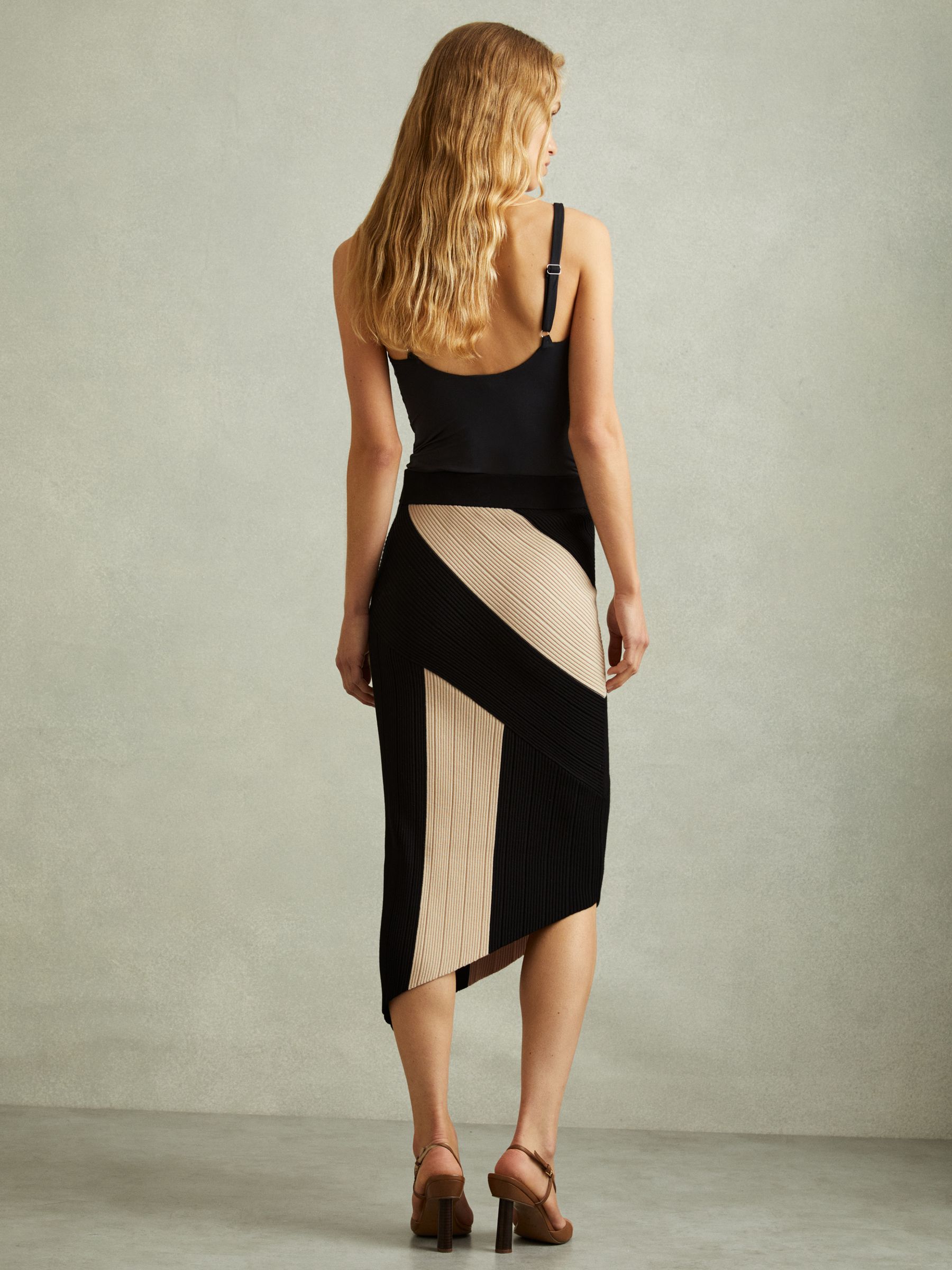 Jess Black/Camel Knitted Colourblock Asymmetric Midi Skirt
