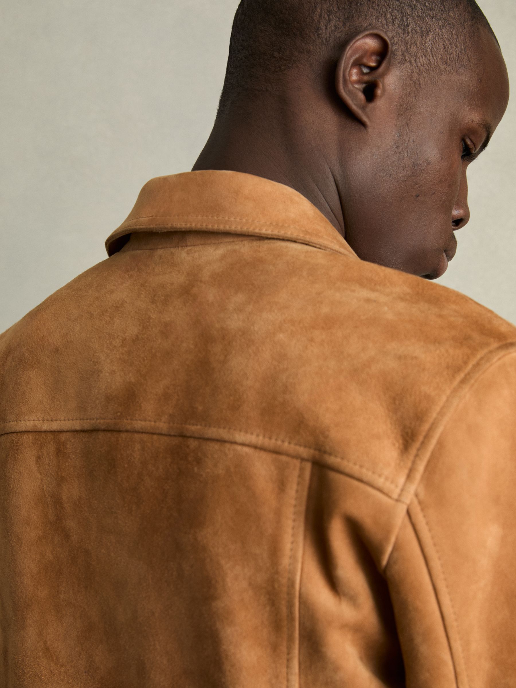 Suede Press-Stud Jacket in Tobacco Brown