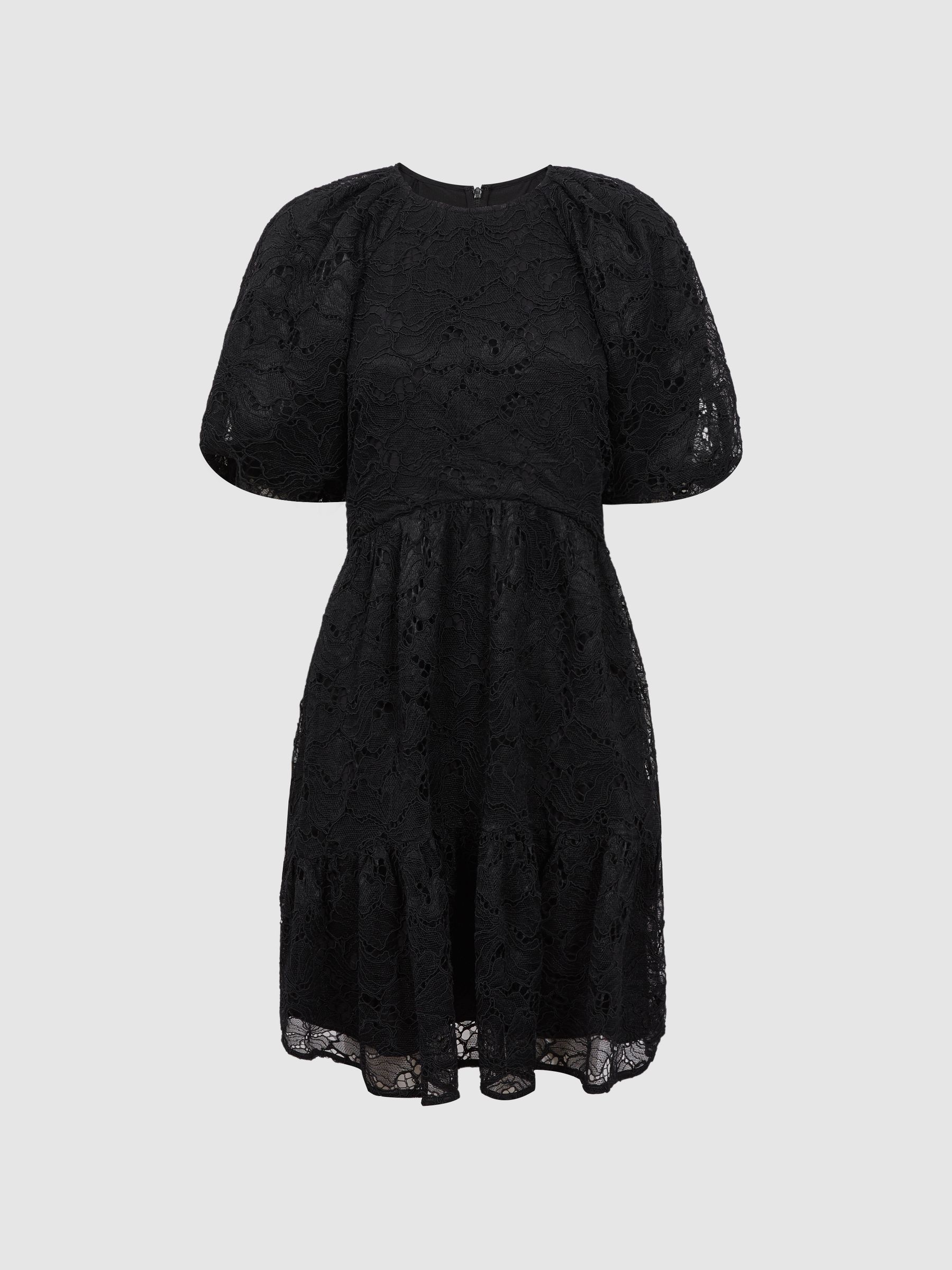 Florere Lace Puff Sleeve Mini Dress in Black