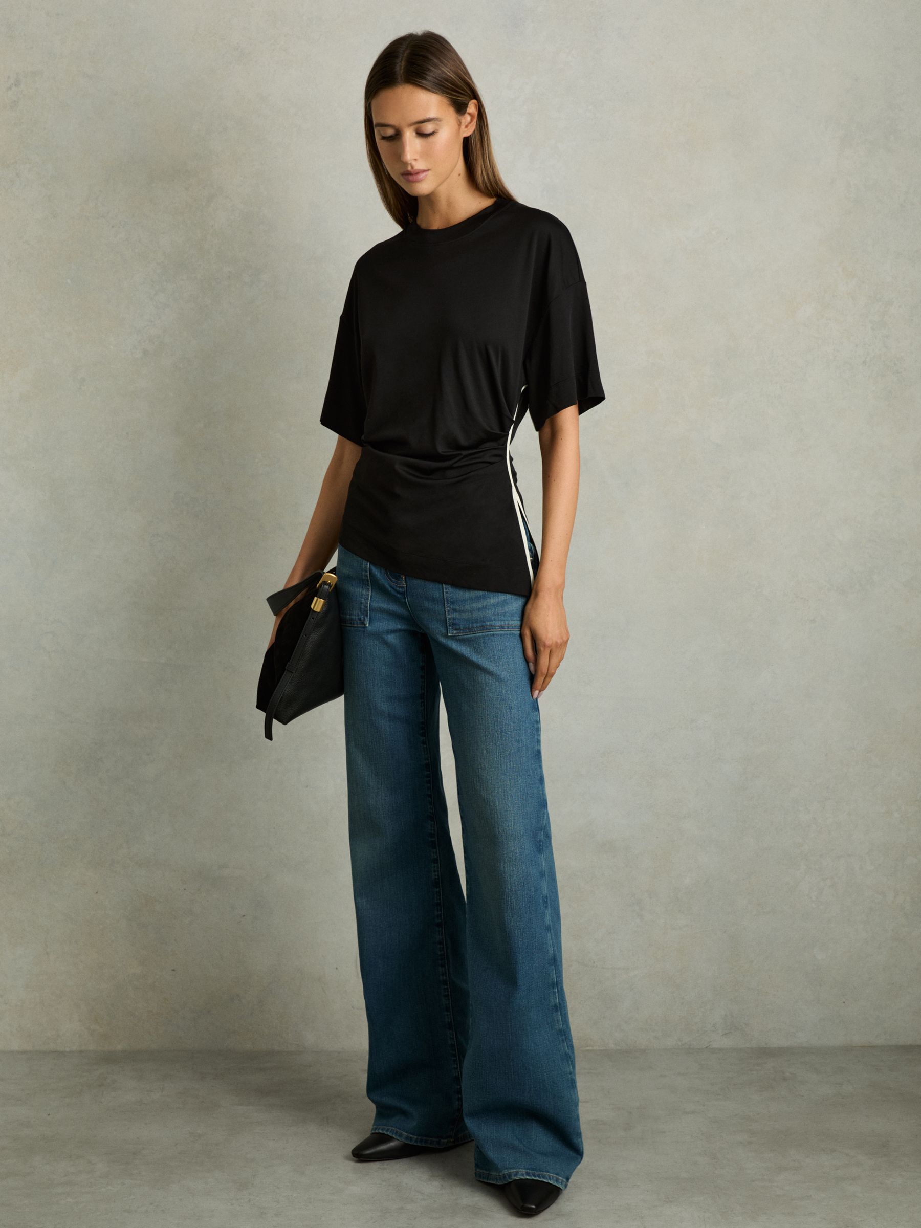 Draped Crew-Neck T-Shirt With Cotton in Cream/Black