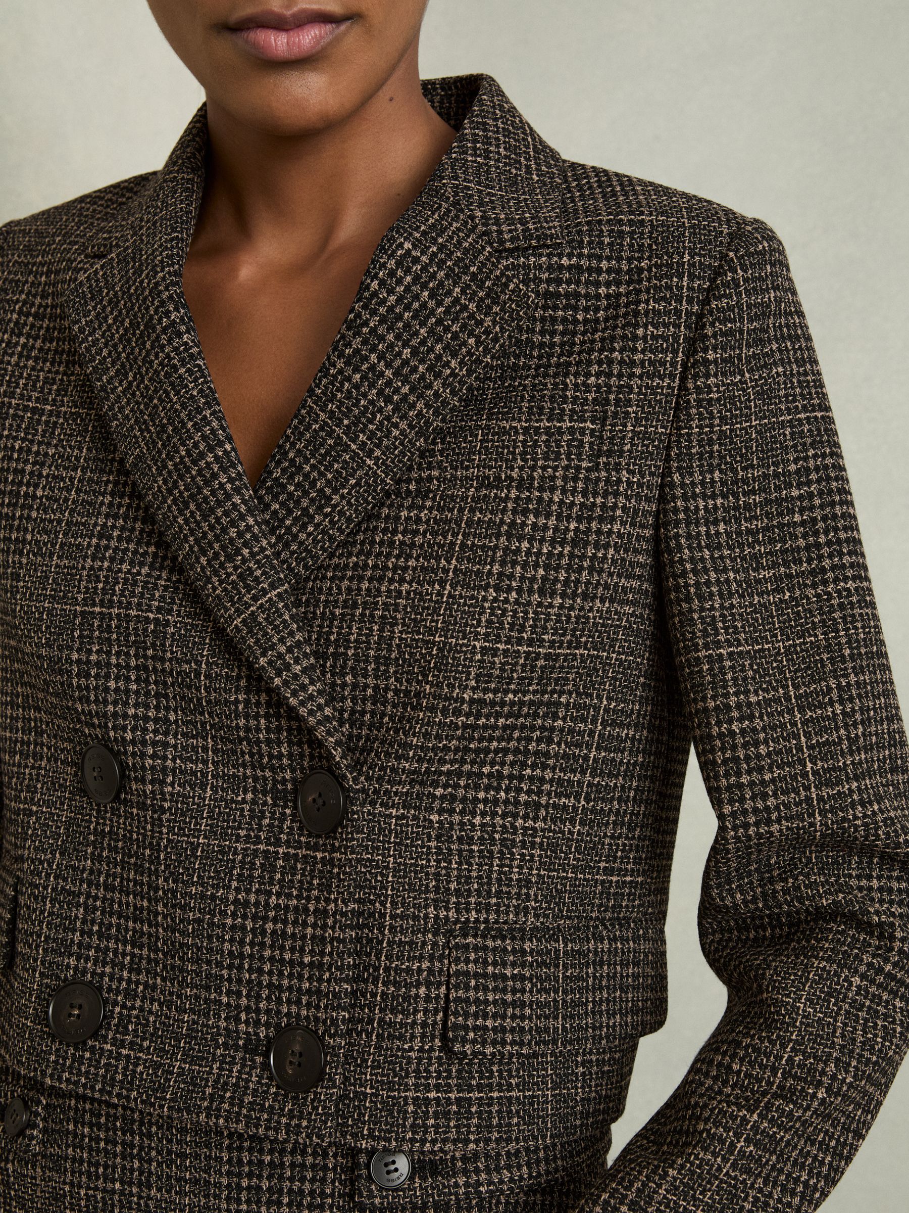 Double-Breasted Tweed Cropped Blazer in Brown Check