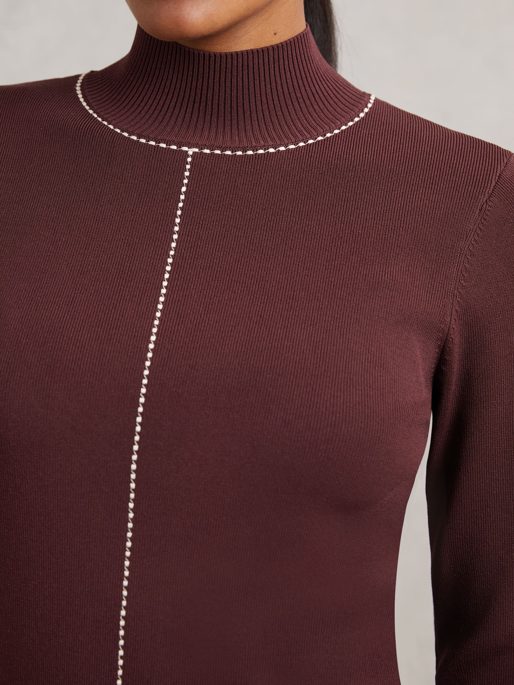 Stitch-Detail Funnel-Neck Jumper in Burgundy/Camel