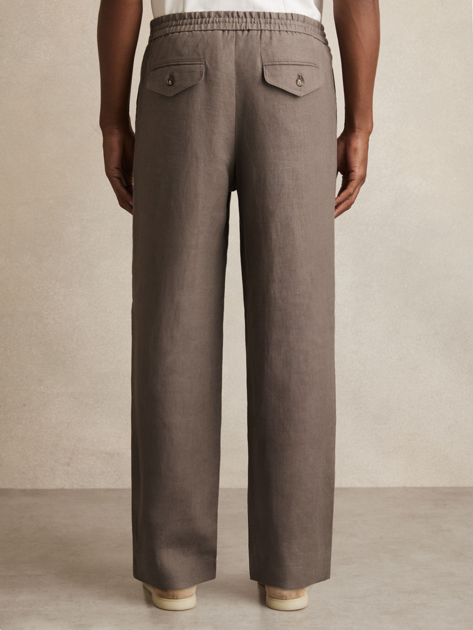 Linen Drawstring Relaxed-Fit Trousers in Mushroom Brown