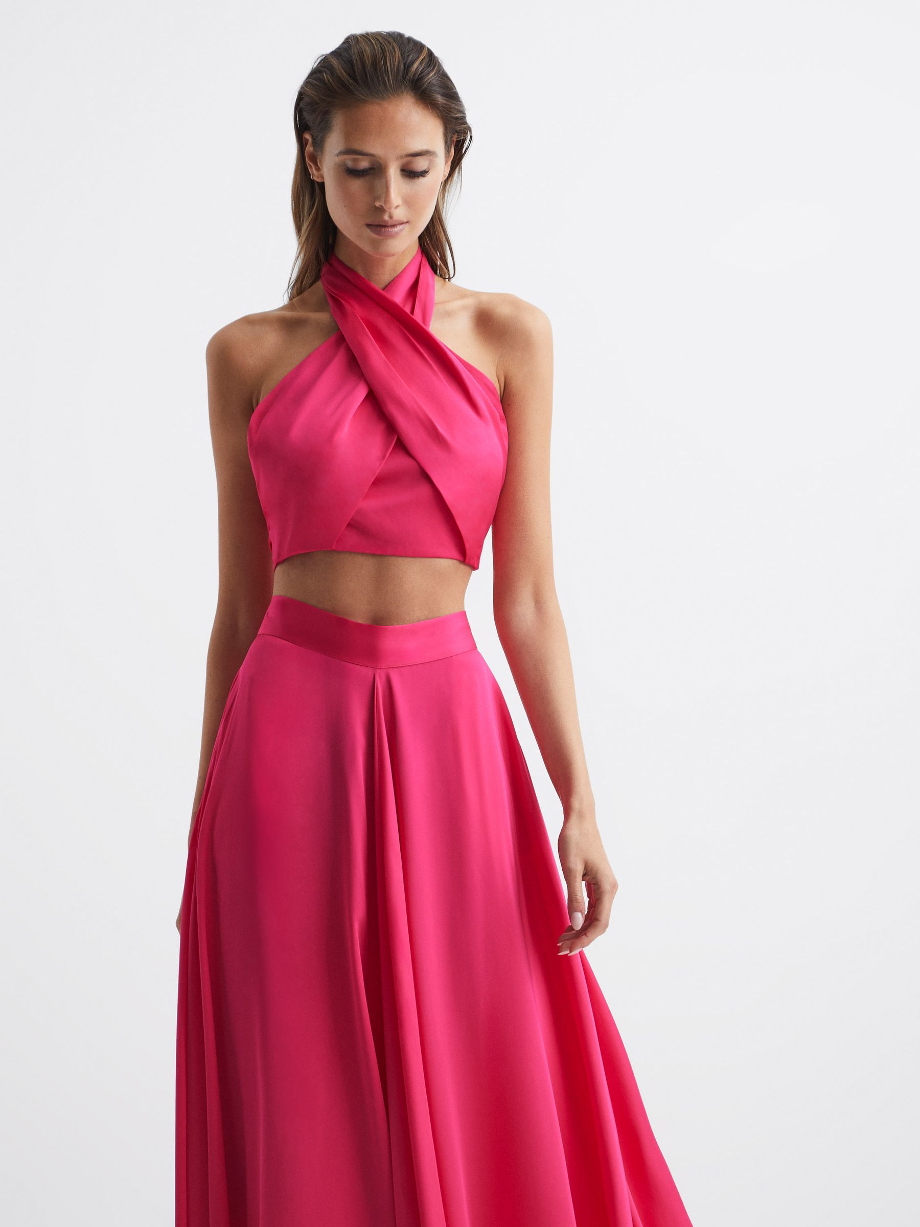 Cropped Halter Occasion Top in Pink