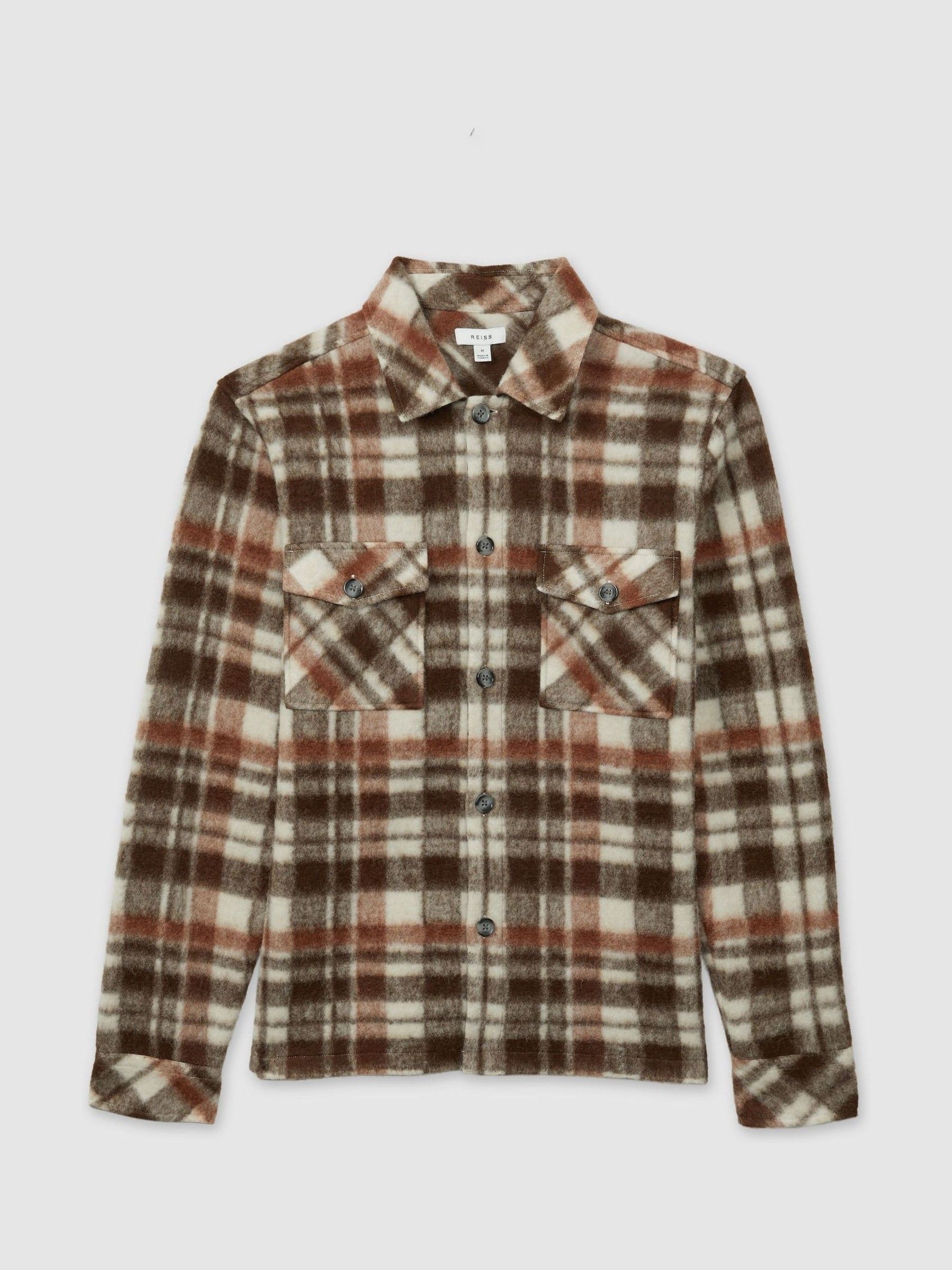 Patch-Pocket Checked Overshirt in Brown