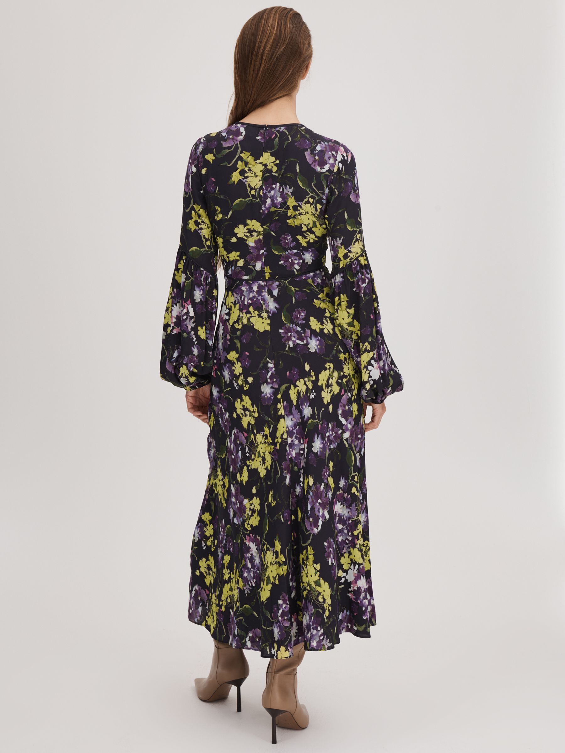 Florere Printed Blouson Sleeve Midi Dress in Dark Purple