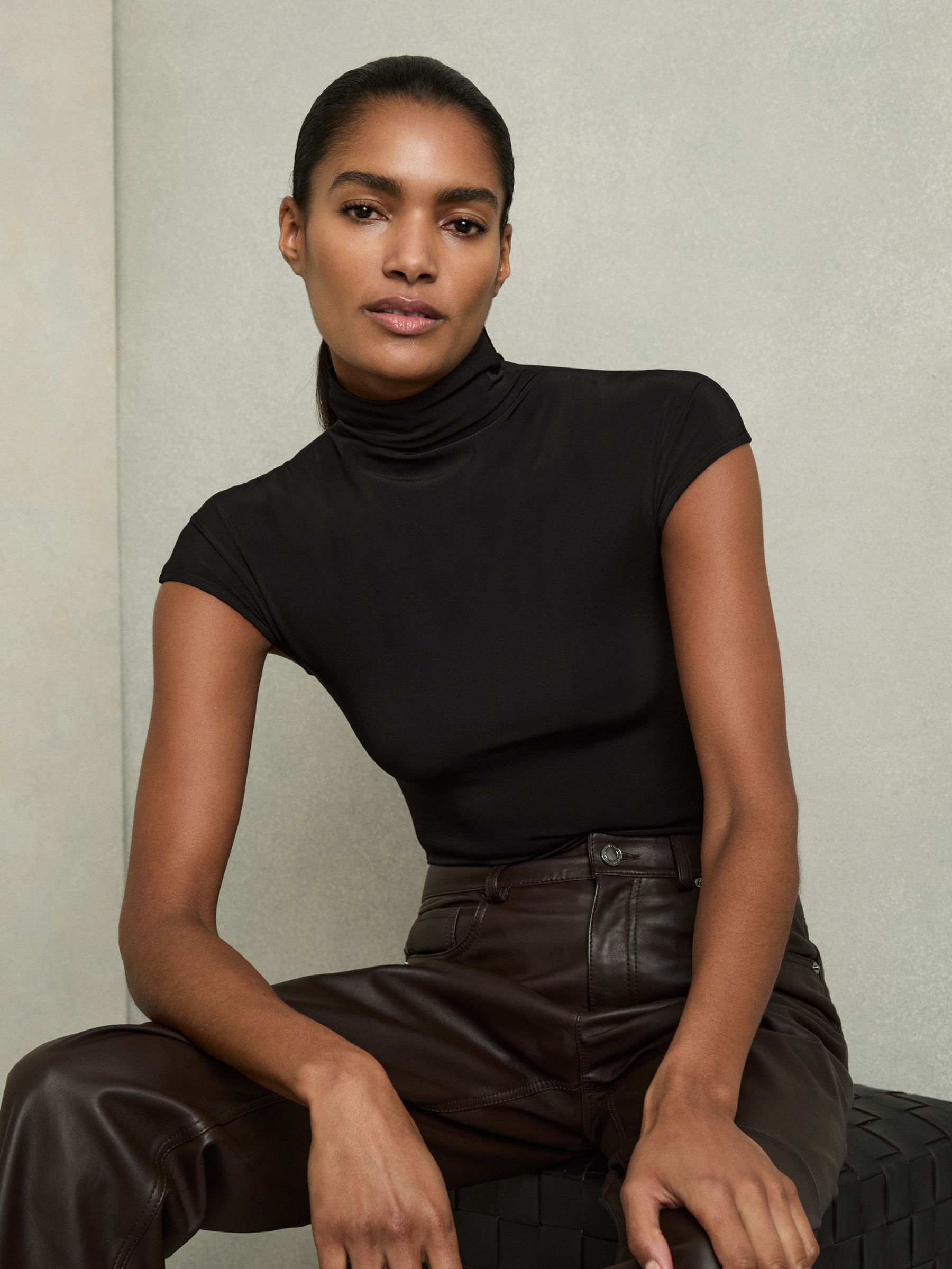 High-Neck Jersey Bodysuit in Black