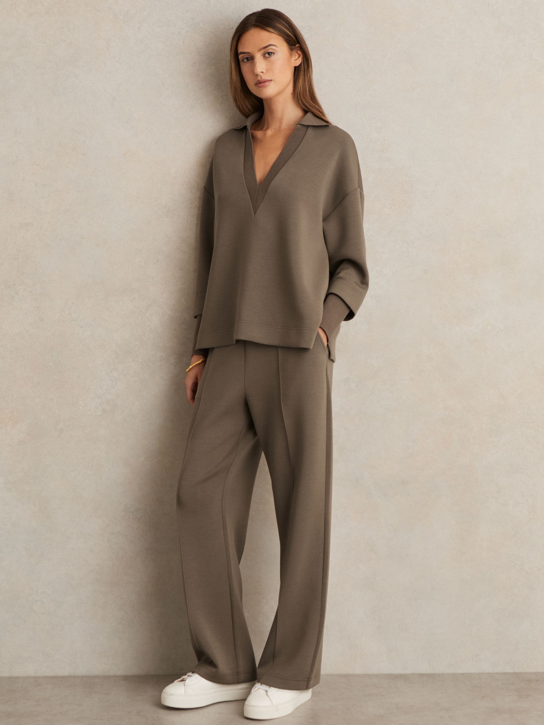 Modal-Blend Interlock Wide-Leg Joggers in Khaki Green