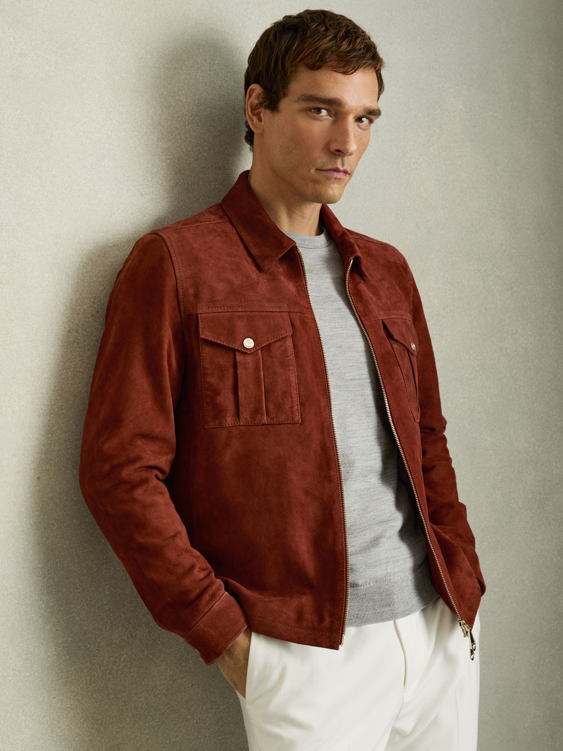 Suede Zip-Through Jacket in Burnt Red