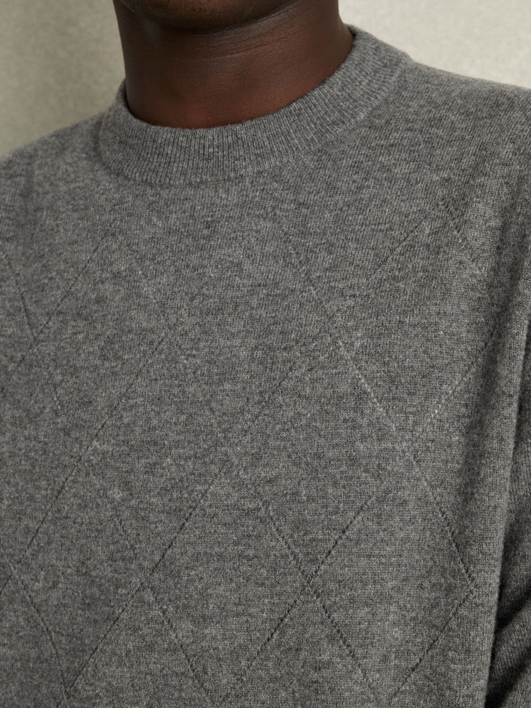 Wool Argyle Crew-Neck Jumper in Mid Grey Melange