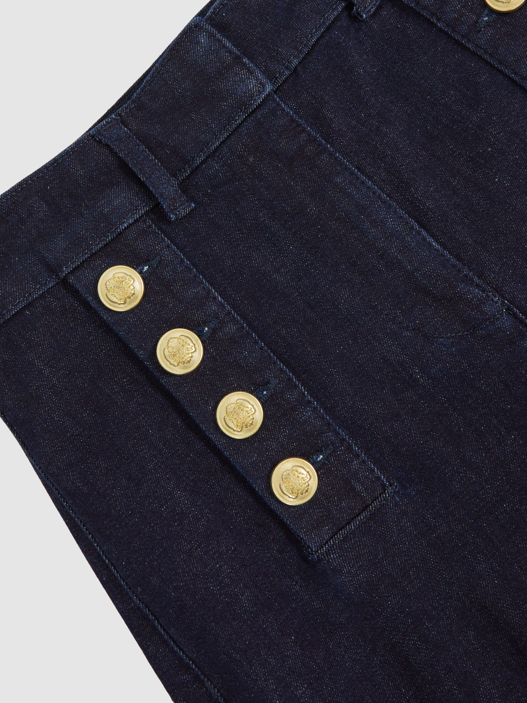 Petite Button-Detail High-Rise Flared Jeans in Dark Blue