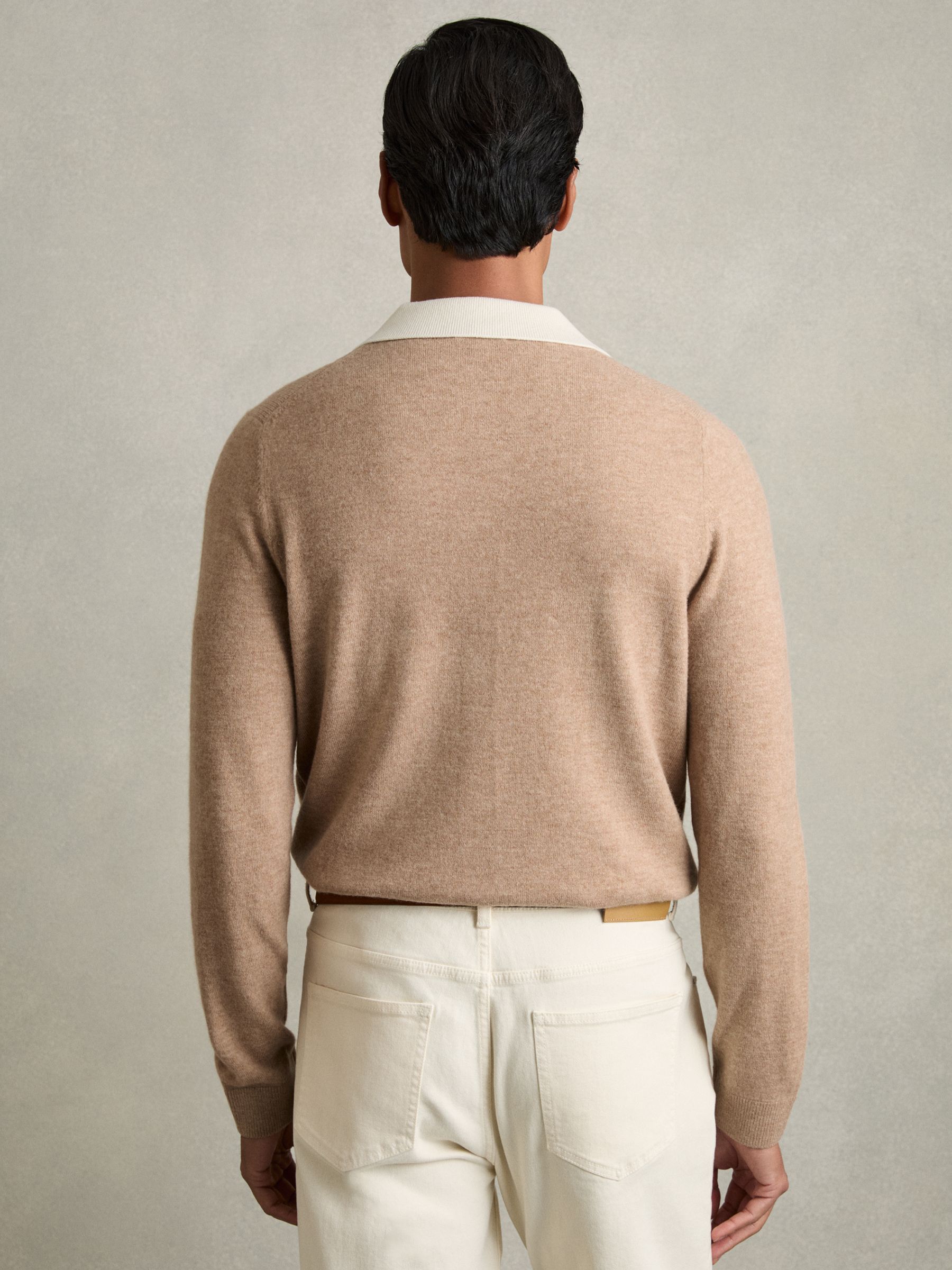 Wool Colourblock Knitted Shirt in Camel
