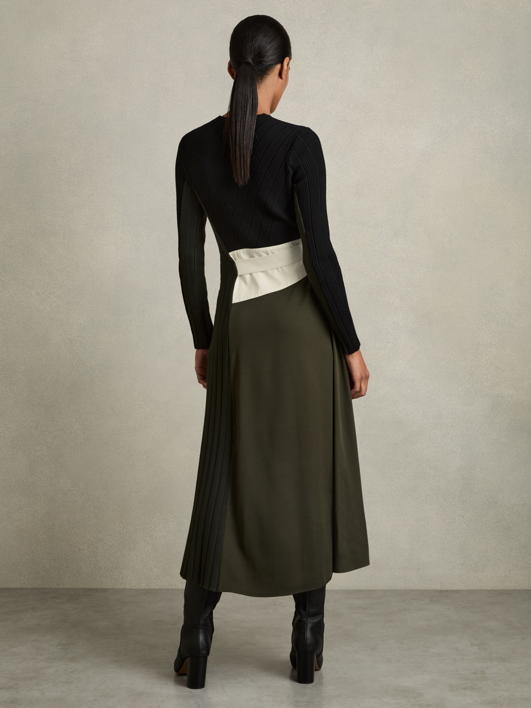 Rib-Knit Panelled Belted Midi Dress in Khaki/Black