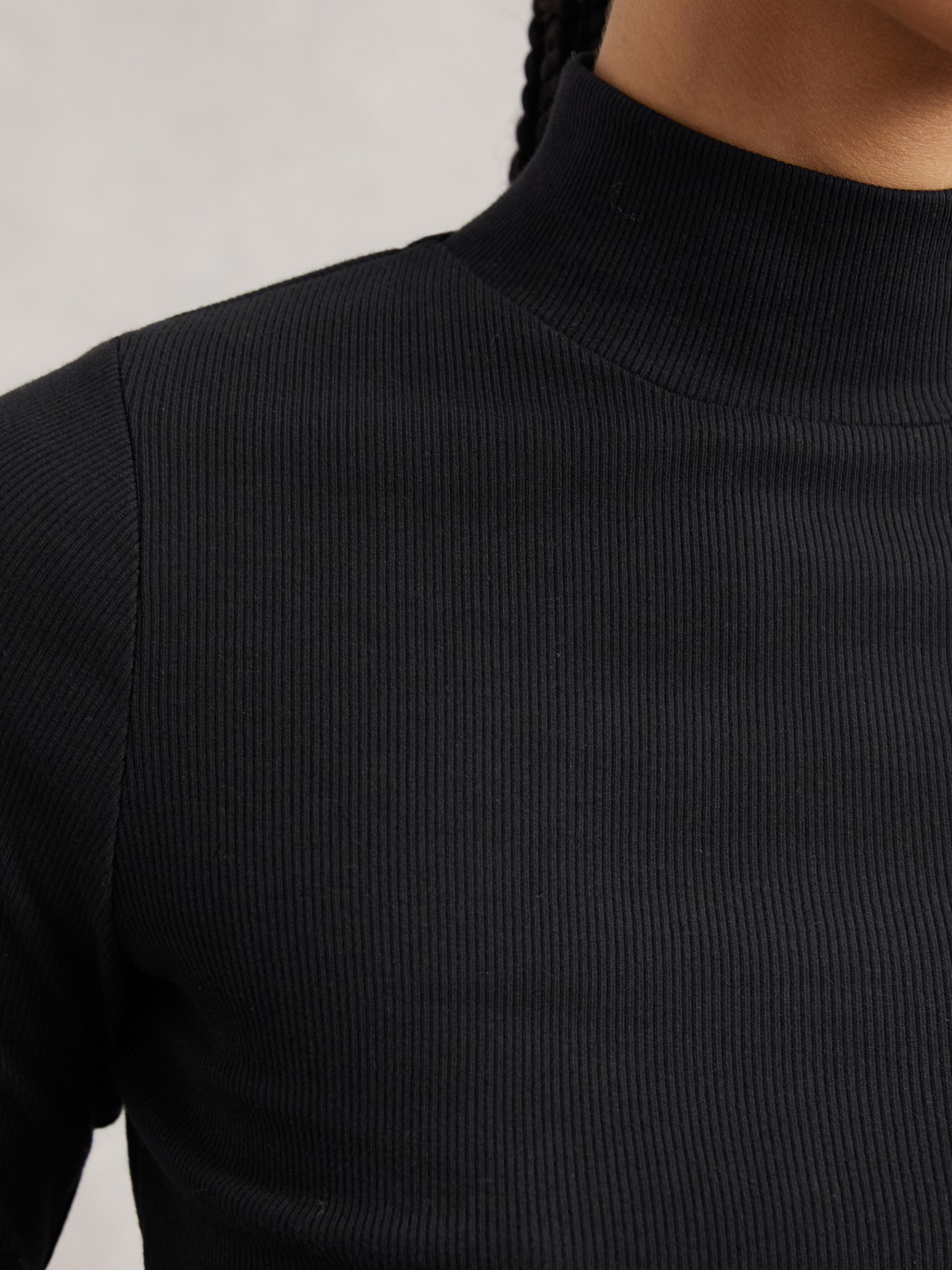 Stretch-Cotton Funnel-Neck Top in Black