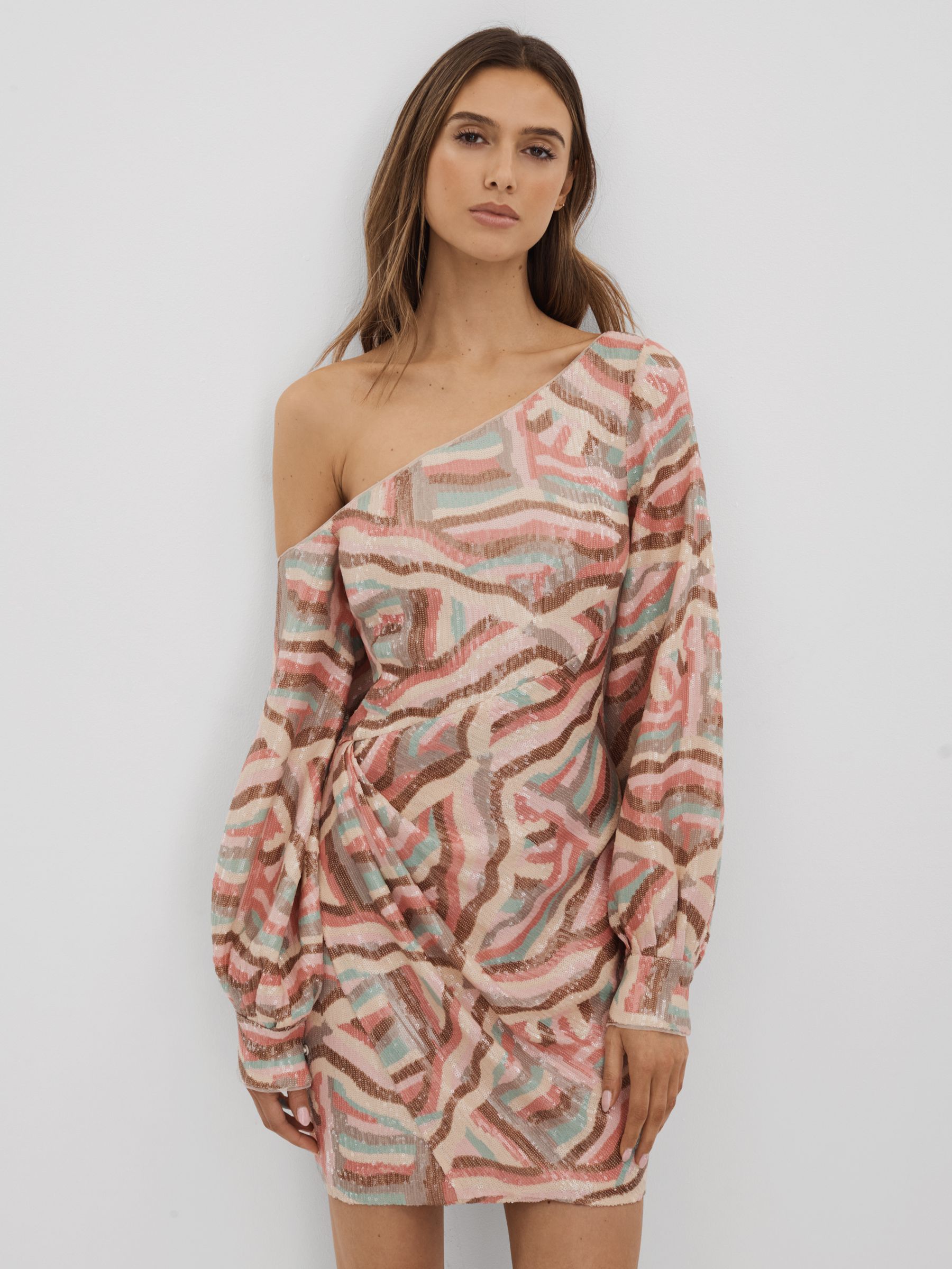 Halston Off-The-Shoulder Sequin Mini Dress in White Print