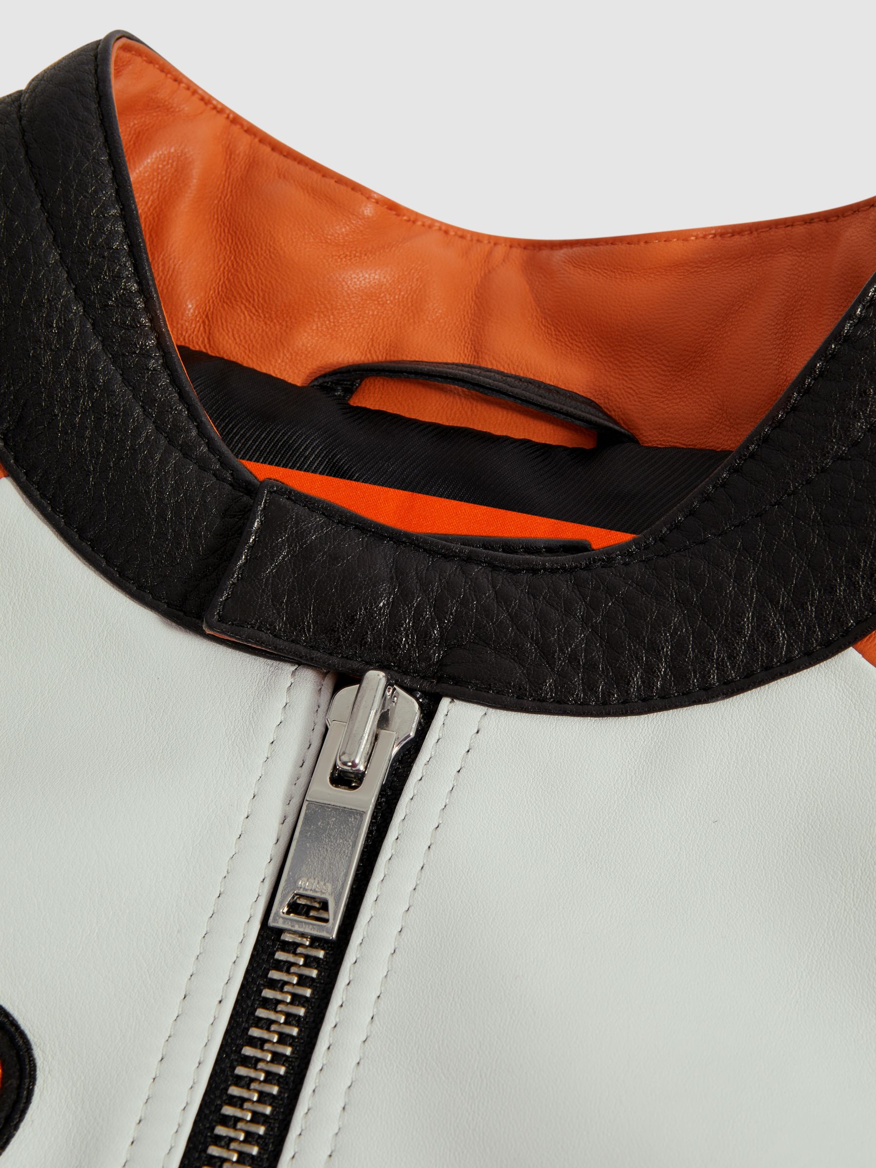 McLaren F1 Colourblock Leather Biker Jacket in Black/Papaya