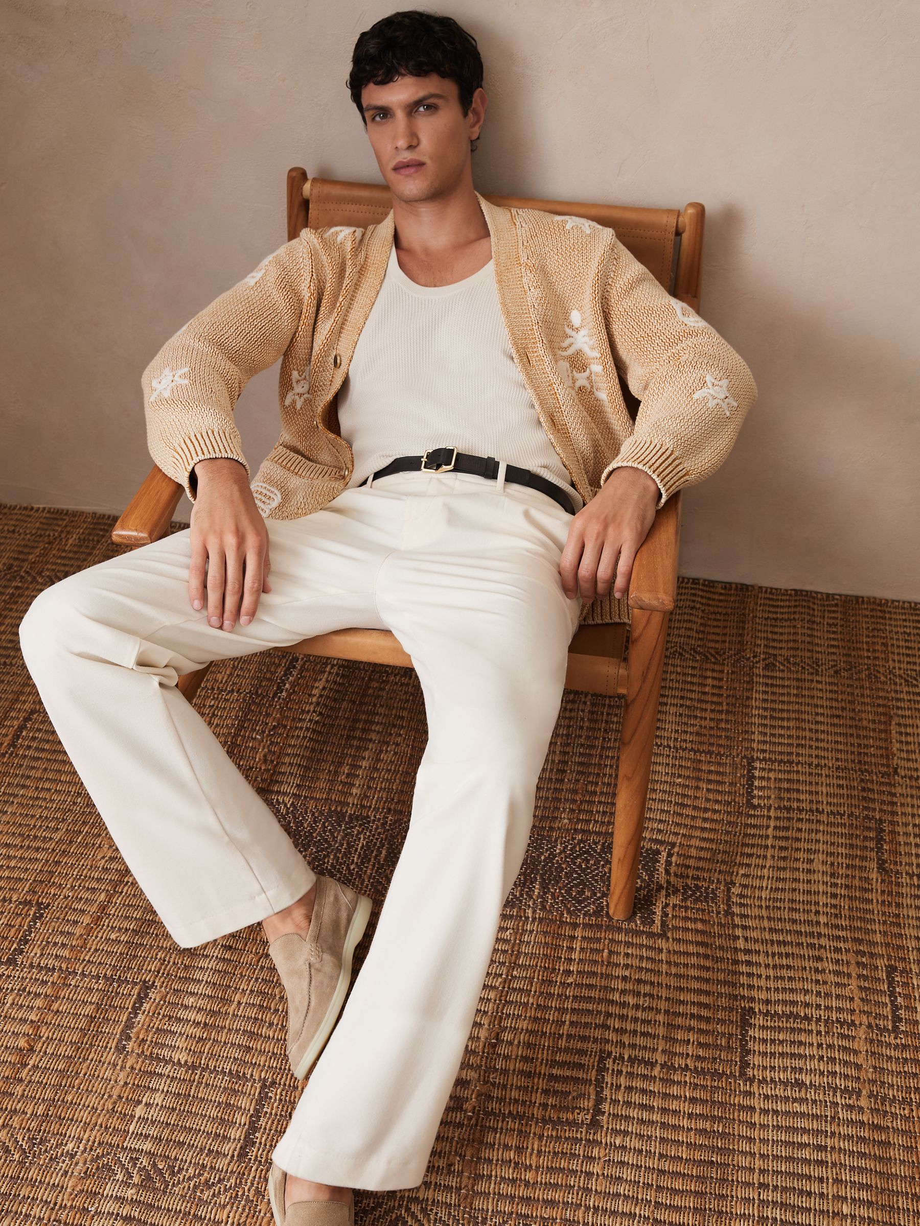 Reiss | Ché Motif-Embroidered Cardigan in Camel