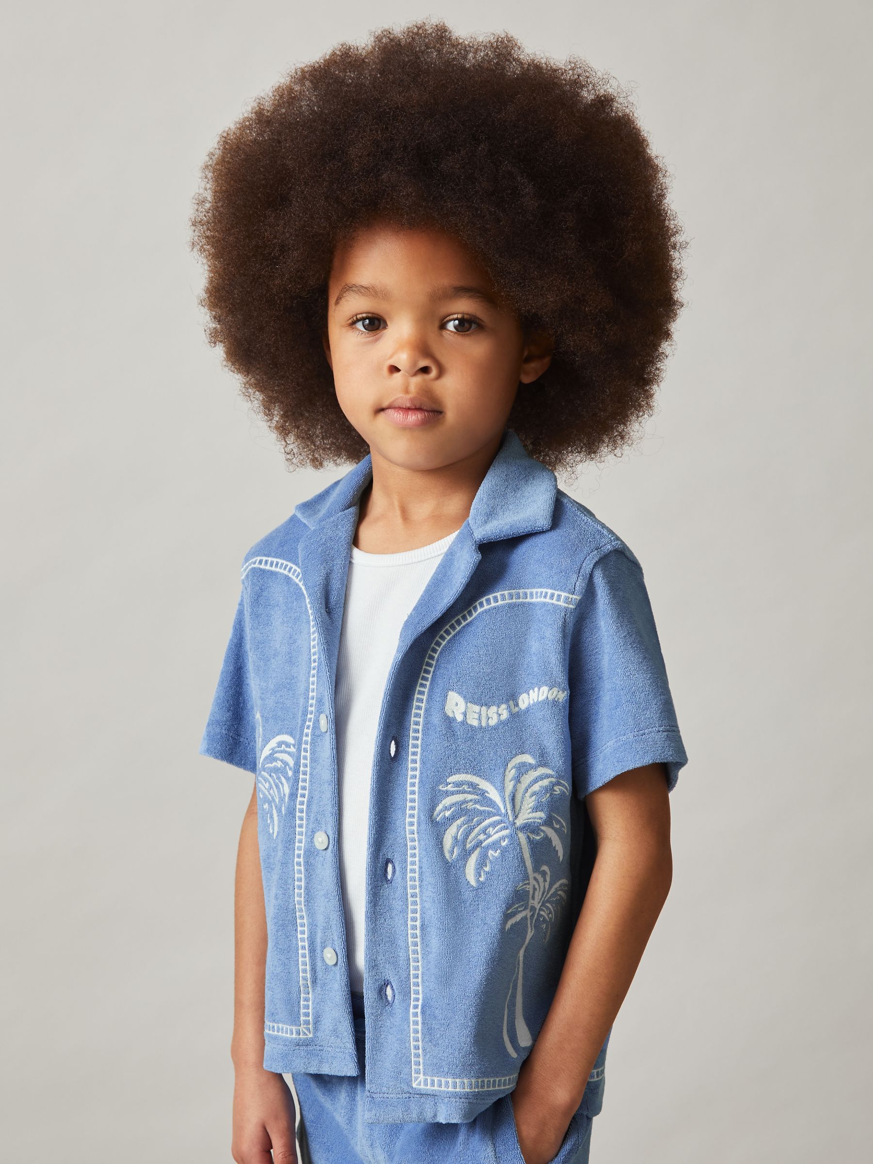 9-13 yrs Towelling Palm-Embroidered Shirt in Airforce Blue