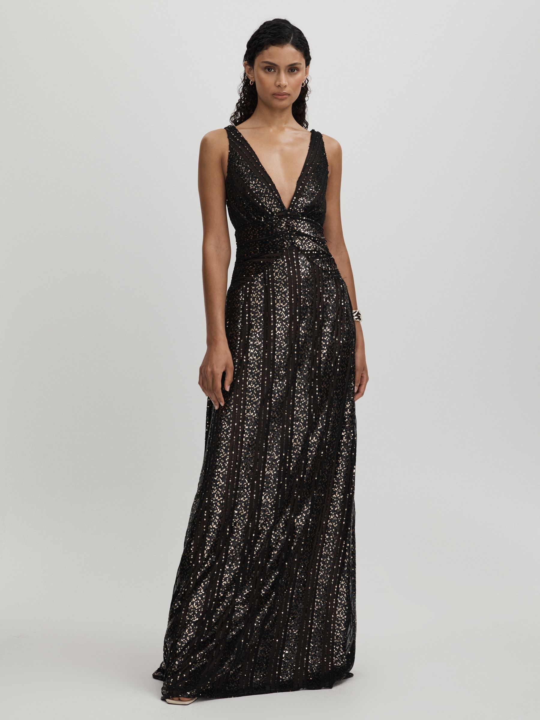Halston Plunge Neck Sequin Maxi Dress in Black