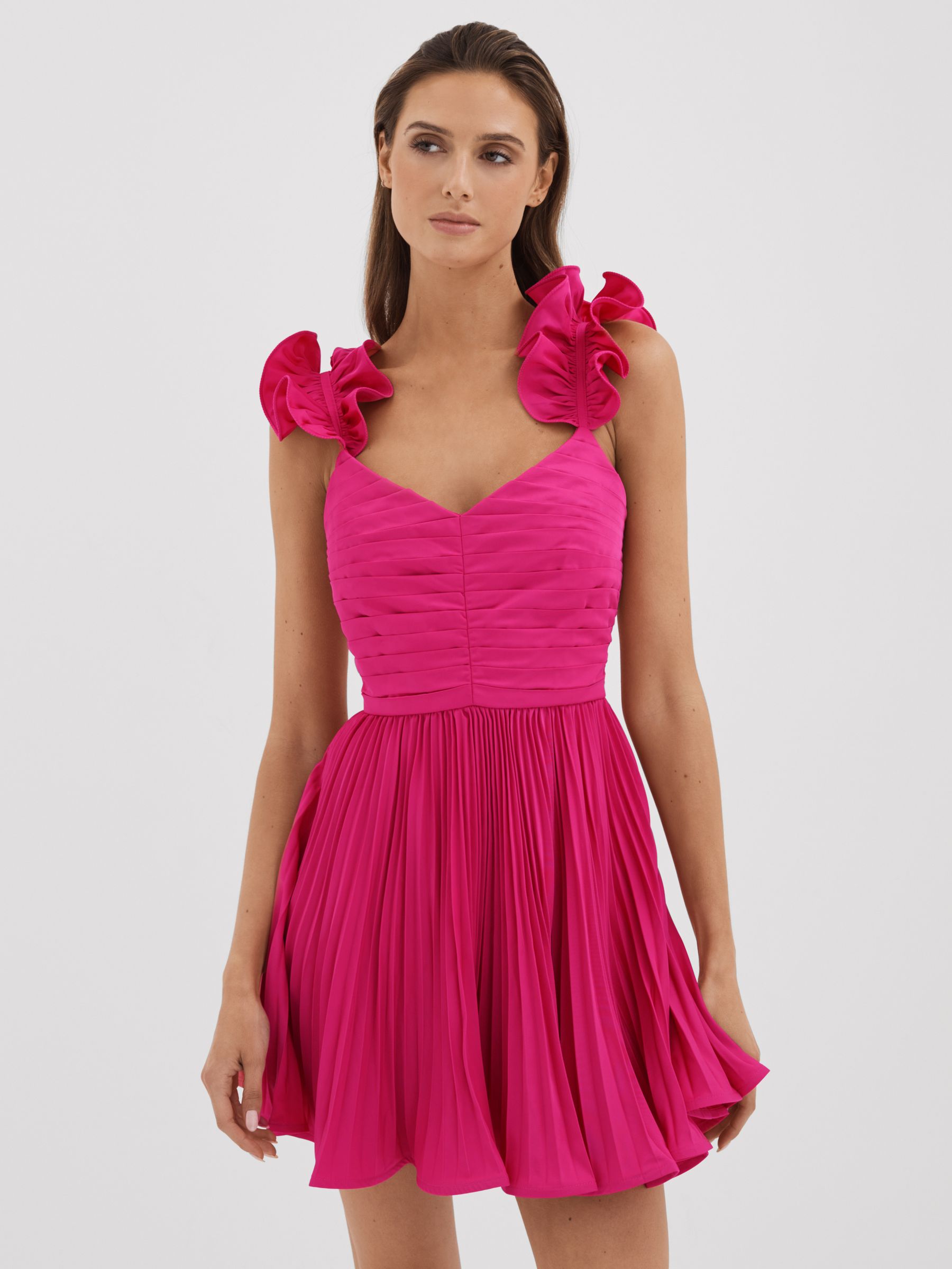 Amur Ruffle Strap Pleated Mini Dress in Pink Cabaret