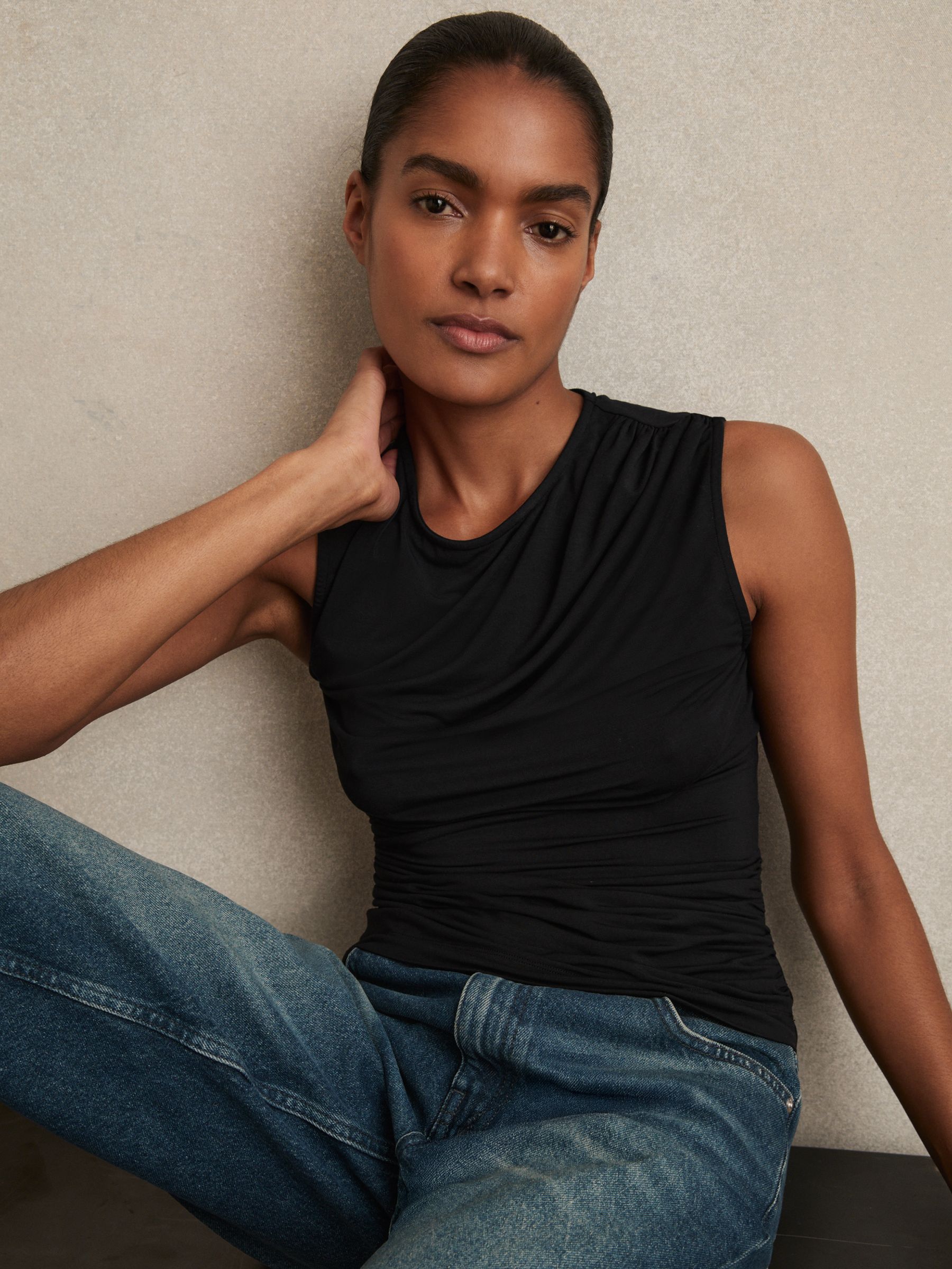 Stretch-Modal Ruched Vest in Black