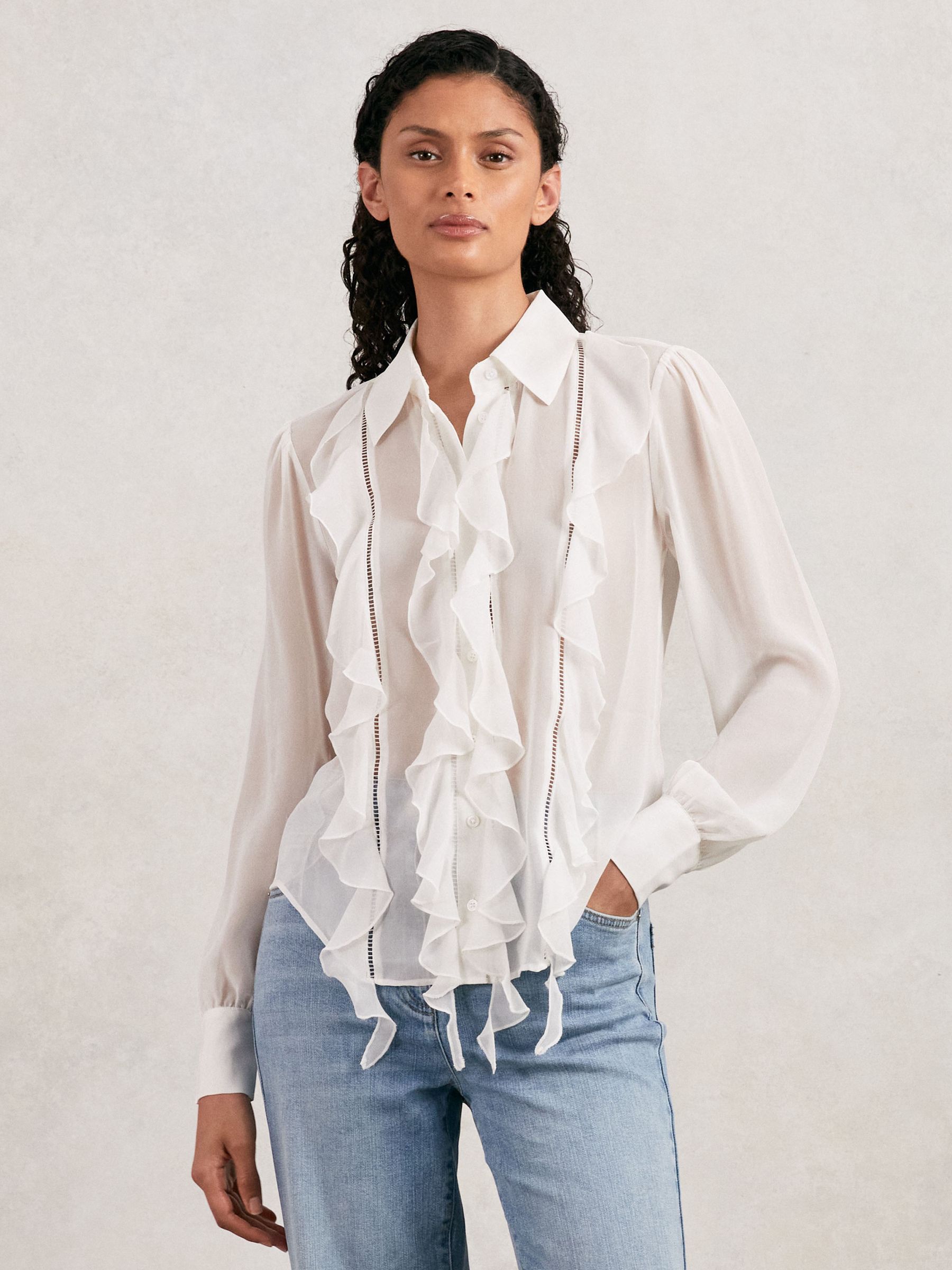 Paige Silk Georgette Ruffle Trim Shirt in White