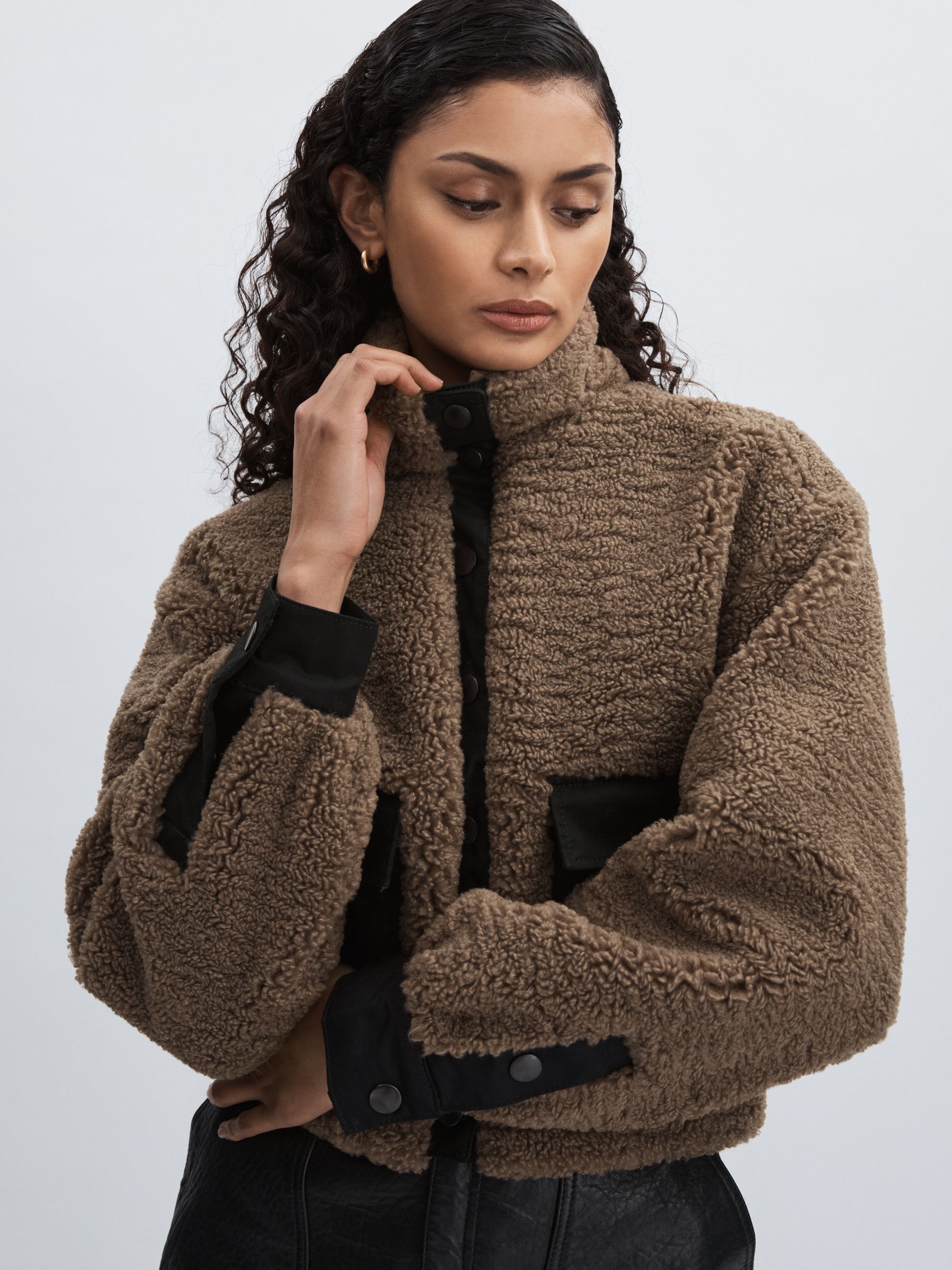 Paige Faux-Shearling Press-Stud Jacket in Cocoa