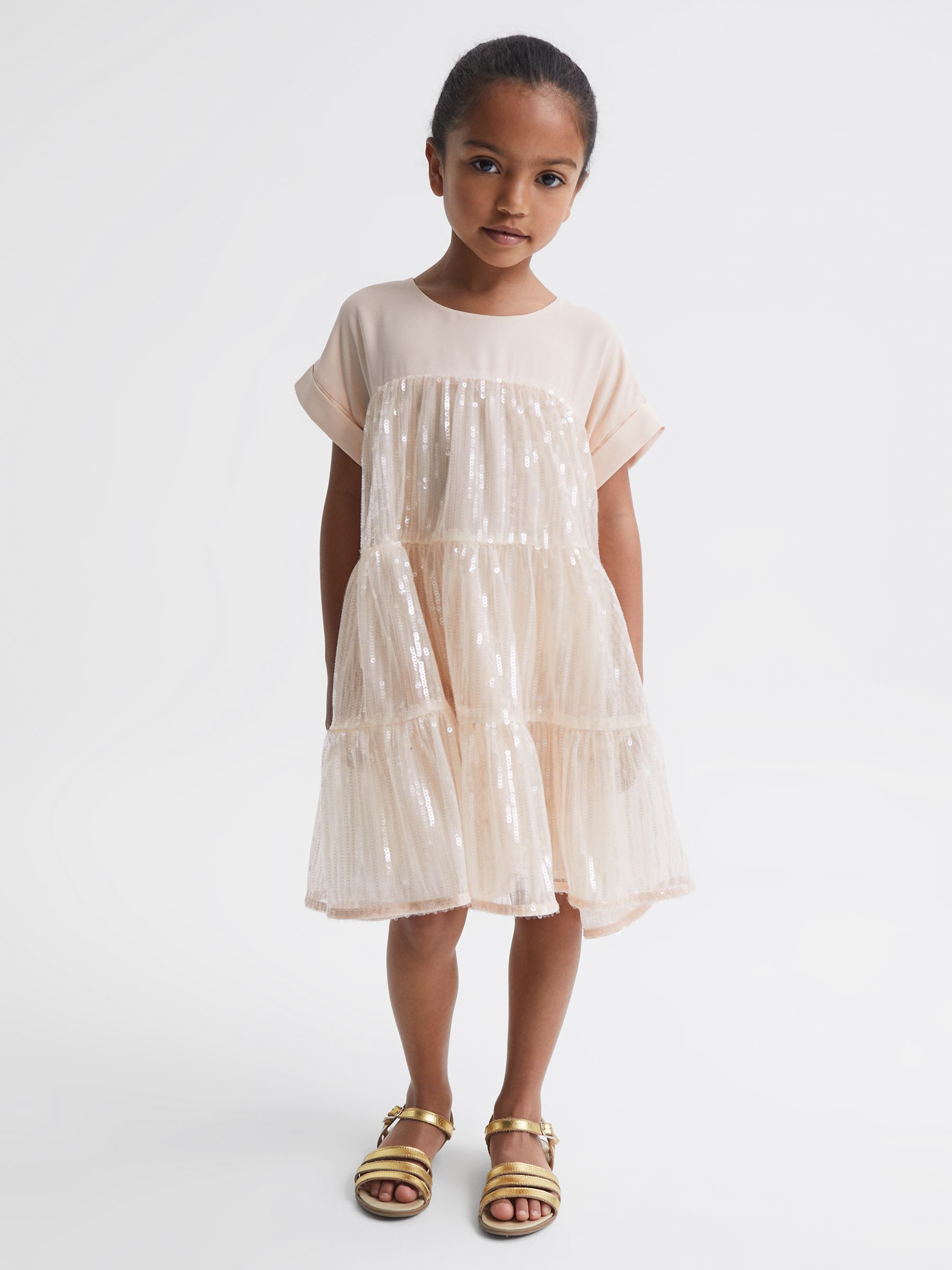 9-12 yrs Sequin Tiered Dress in Pale Pink