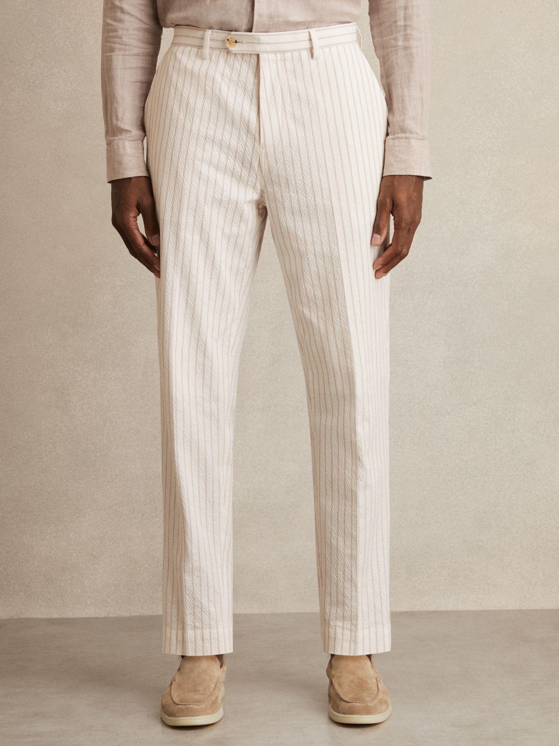 Regular-Fit Cotton-Blend Pinstripe Trousers in Off White/Taupe Brown