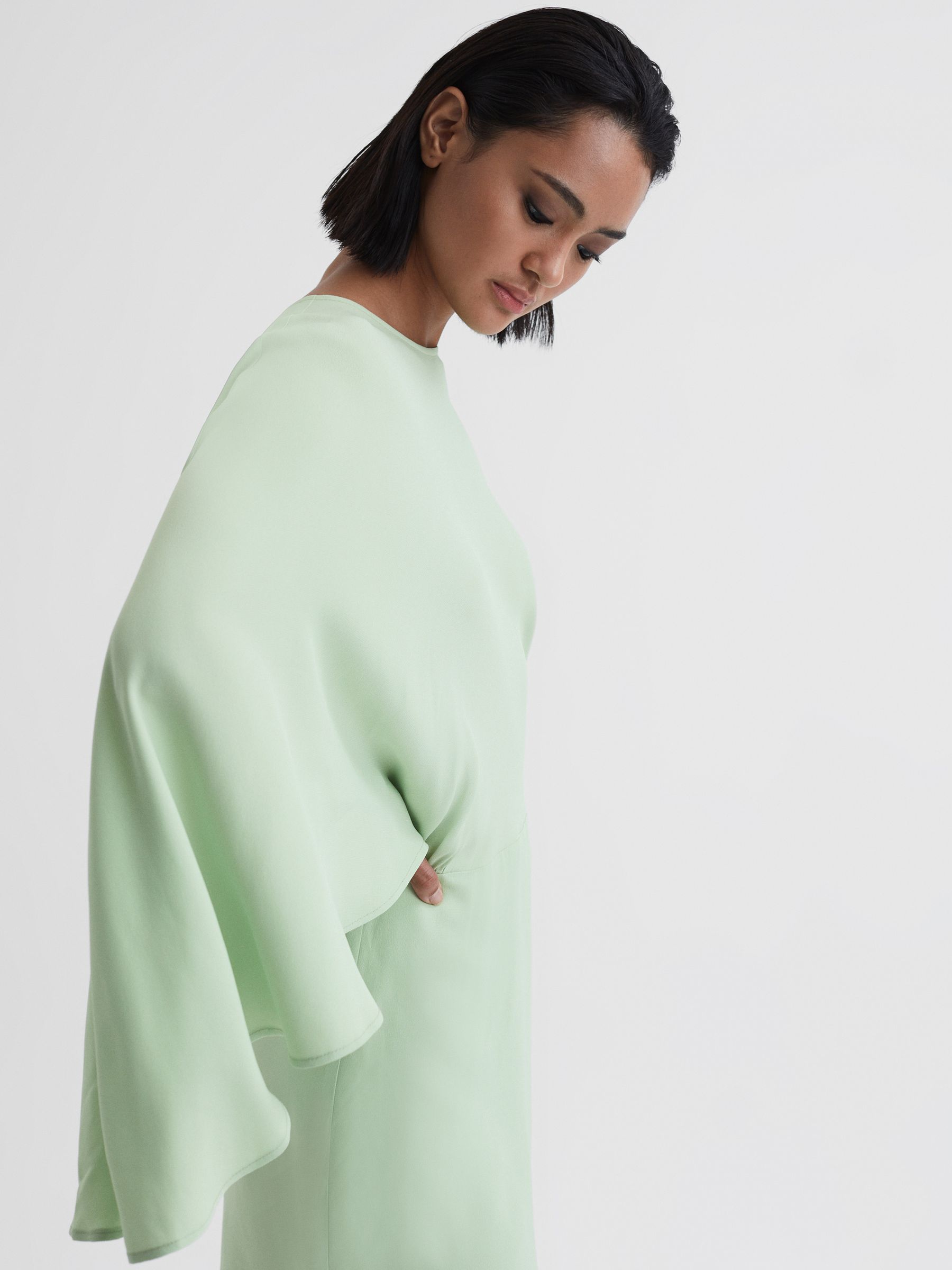 Cape Sleeve Asymmetric Mini Dress in Sage