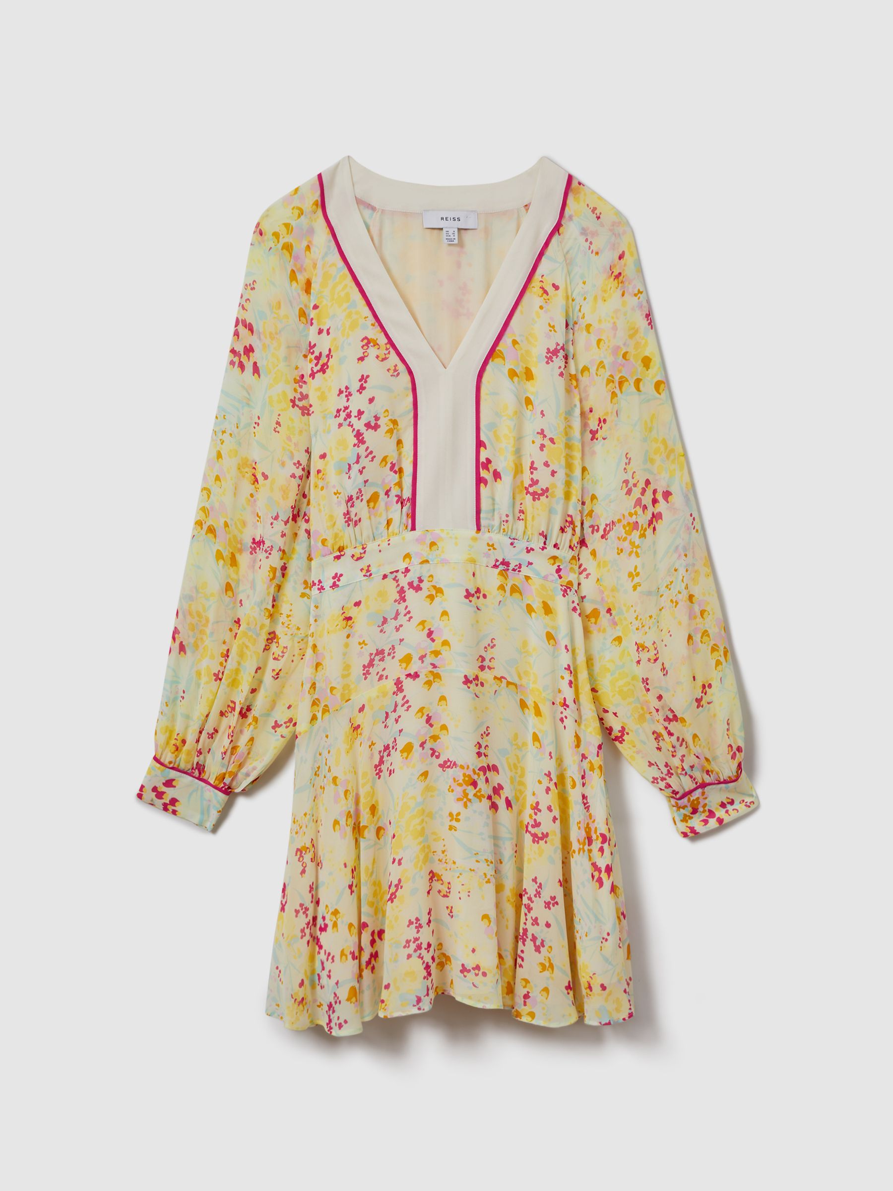 Floral Print Puff Sleeve Mini Dress in Pink/Yellow