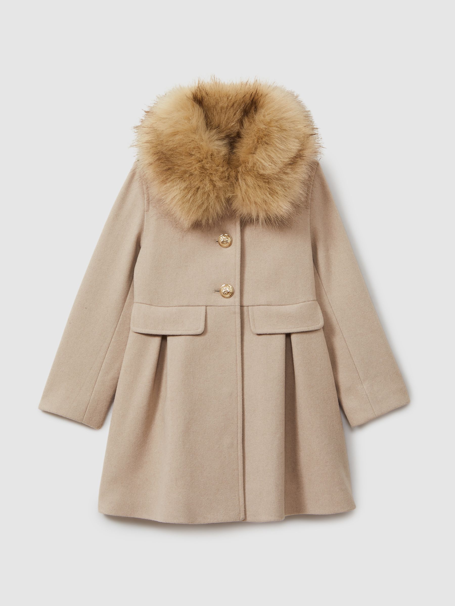 13-14 yrs Faux Fur Collar Wool Blend Coat in Oatmeal