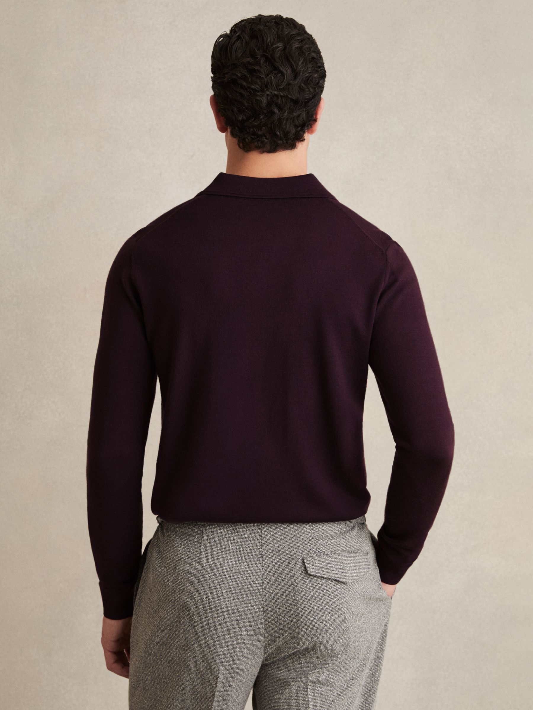 Merino Wool Long-Sleeve Polo Shirt in Dark Bordeaux