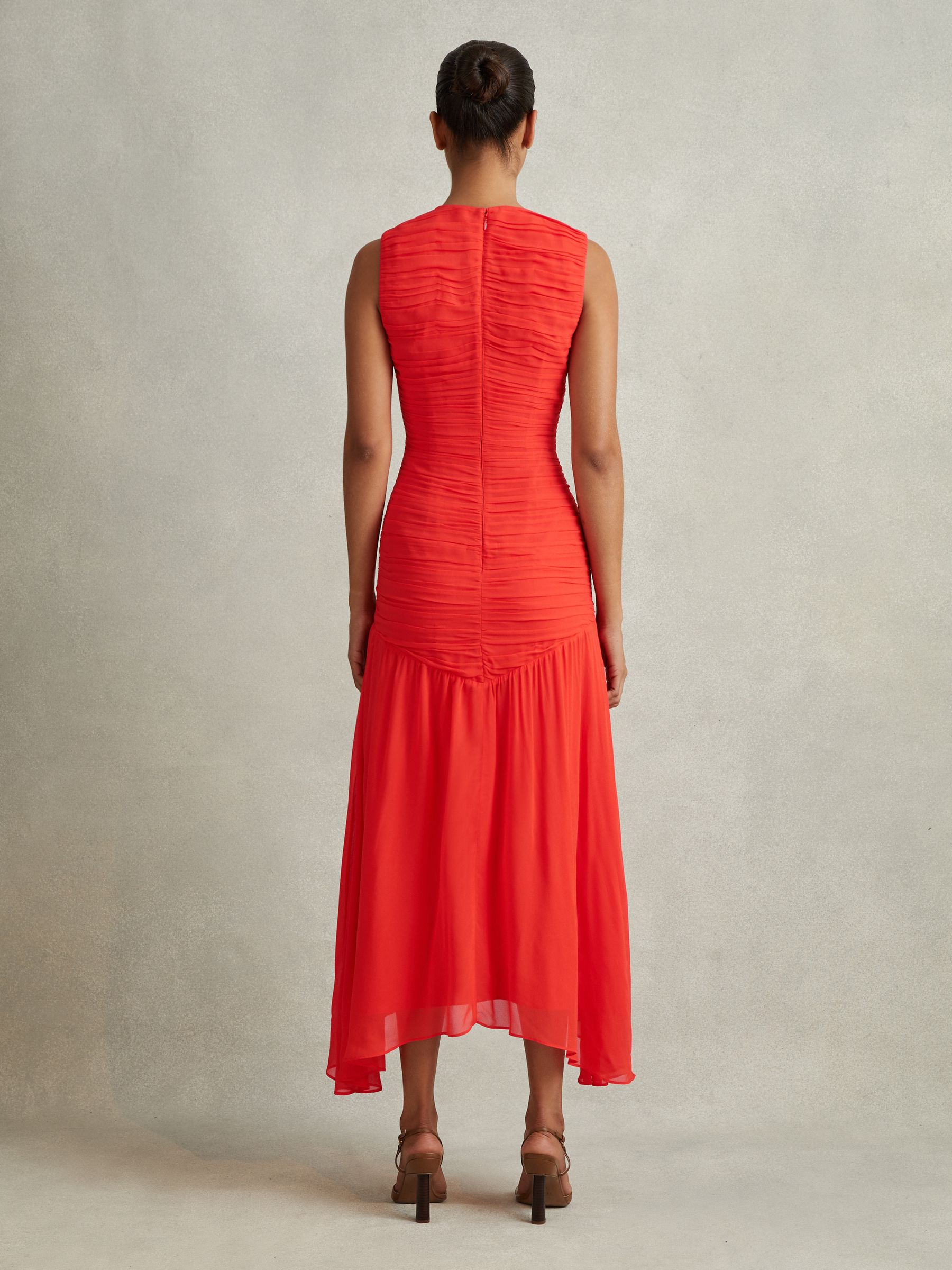 Ruched Bodycon Midi Dress in Coral