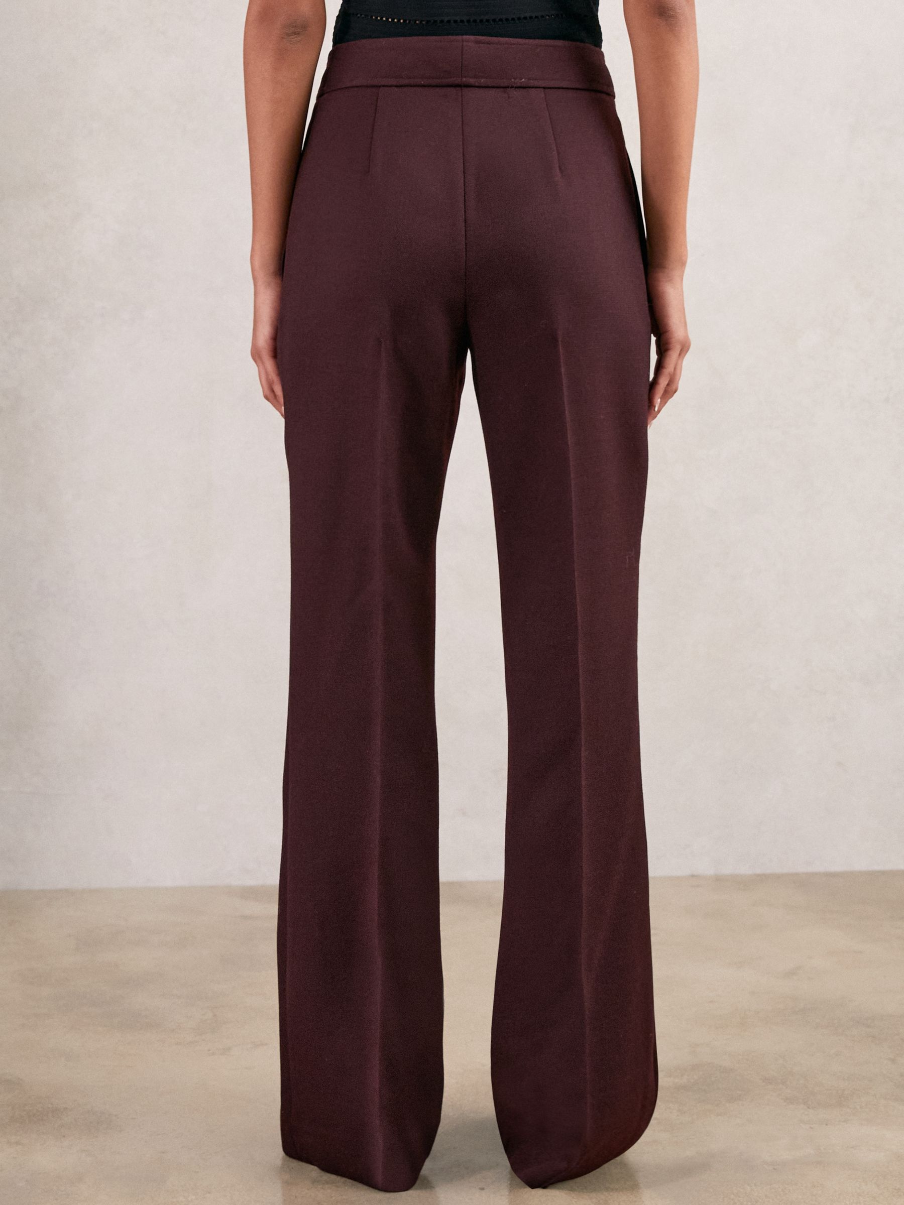 Petite Twill Button-Tab Flared Trousers With Wool in Burgundy