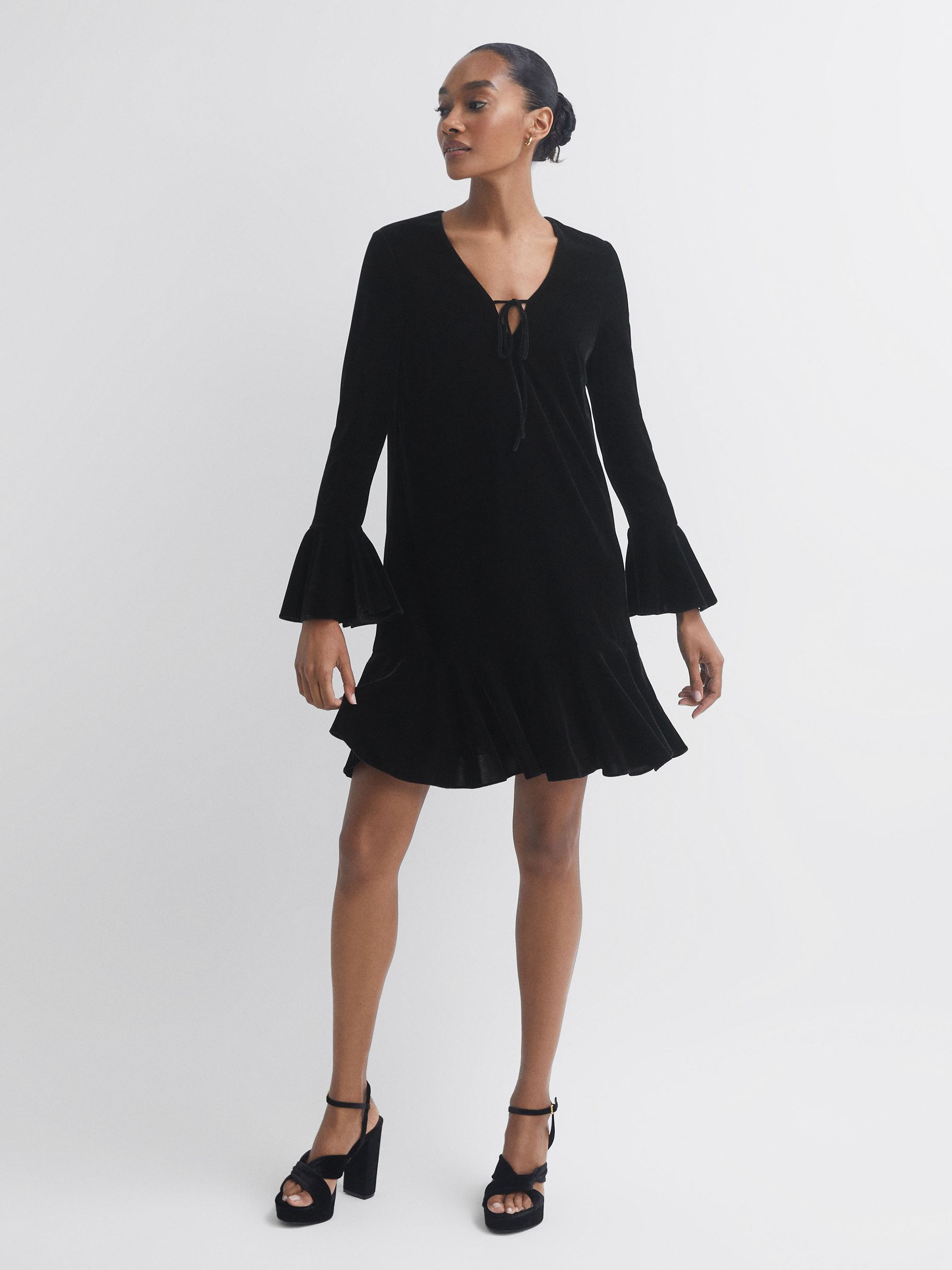 Florere Velvet V-Neck Mini Dress in Black
